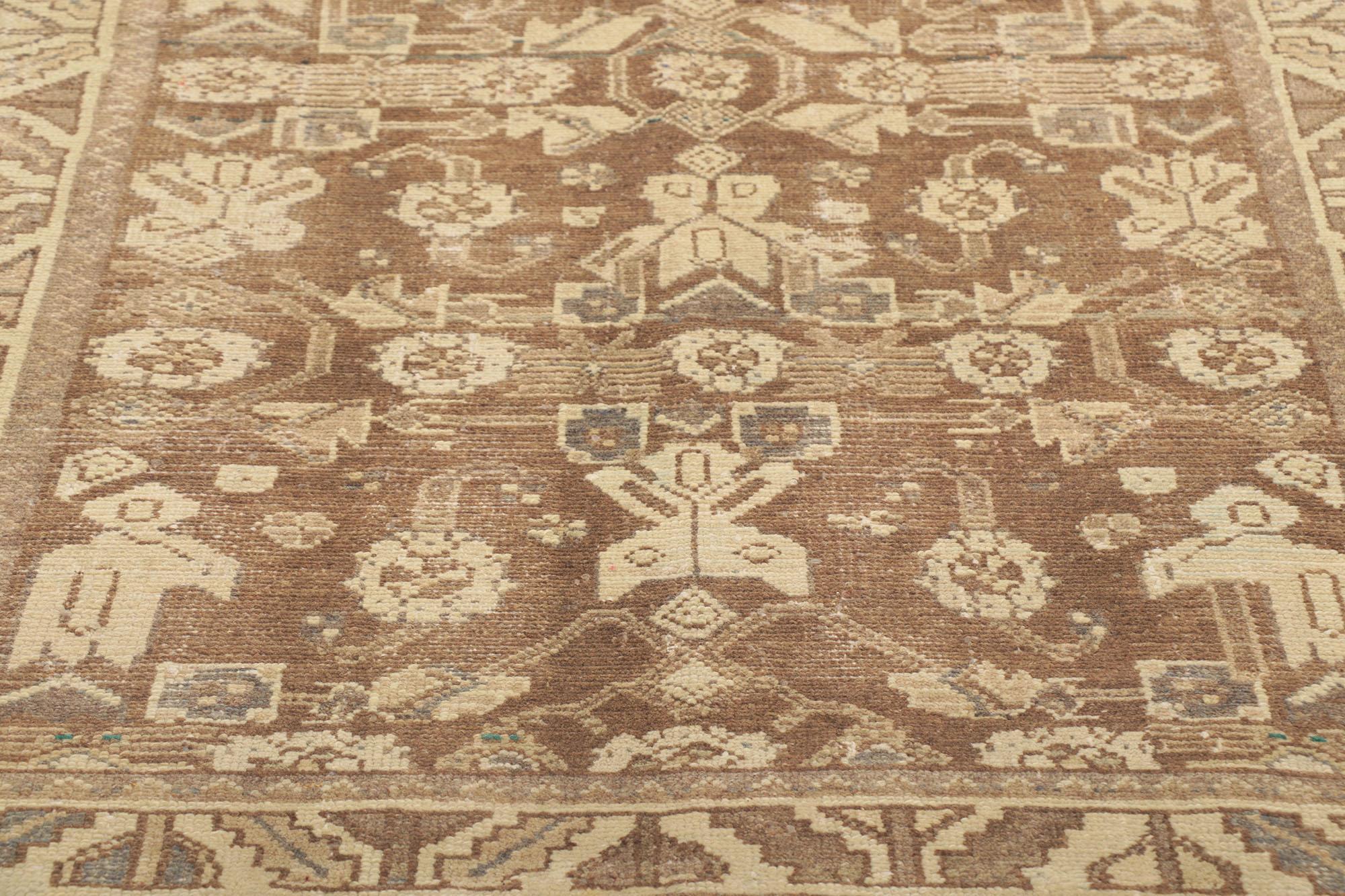 Antique Persian Malayer Runner, Earth-Tone Elegance Meets Quiet Sophistication In Distressed Condition For Sale In Dallas, TX