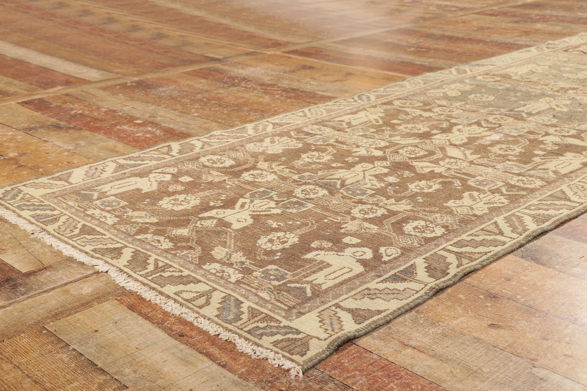 Wool Antique Persian Malayer Runner, Earth-Tone Elegance Meets Quiet Sophistication For Sale