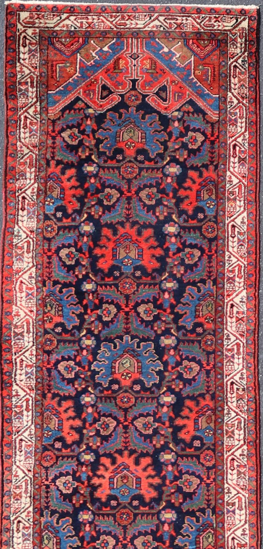 Hand-Knotted Antique Persian Malayer Runner in Blue Background with Multi Colors For Sale