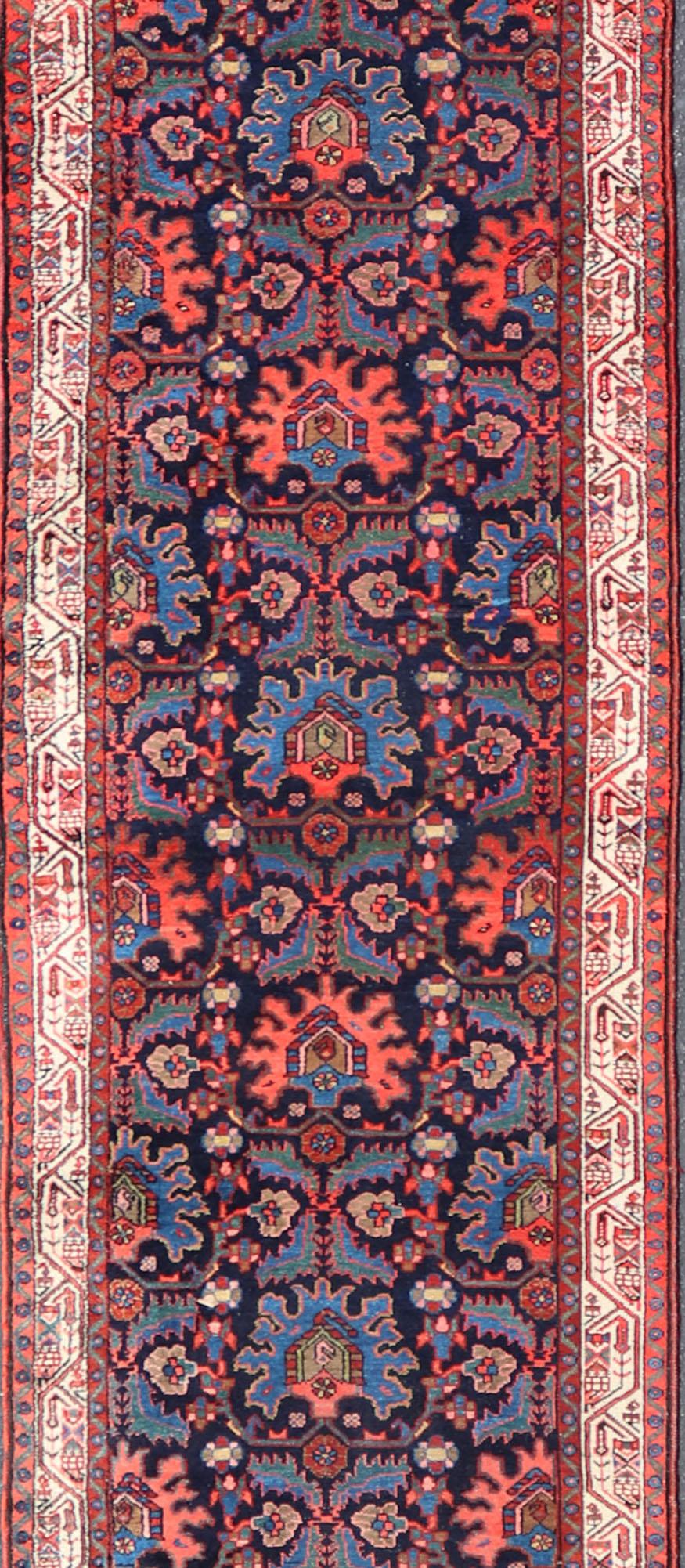 Antique Persian Malayer Runner in Blue Background with Multi Colors In Good Condition For Sale In Atlanta, GA