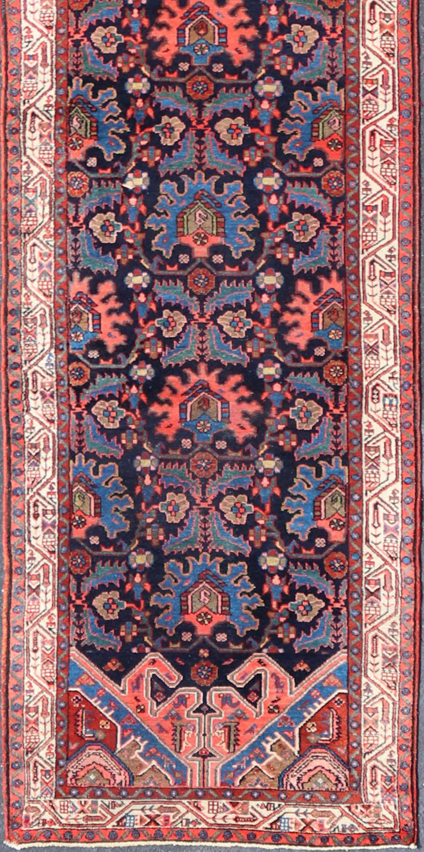 20th Century Antique Persian Malayer Runner in Blue Background with Multi Colors For Sale