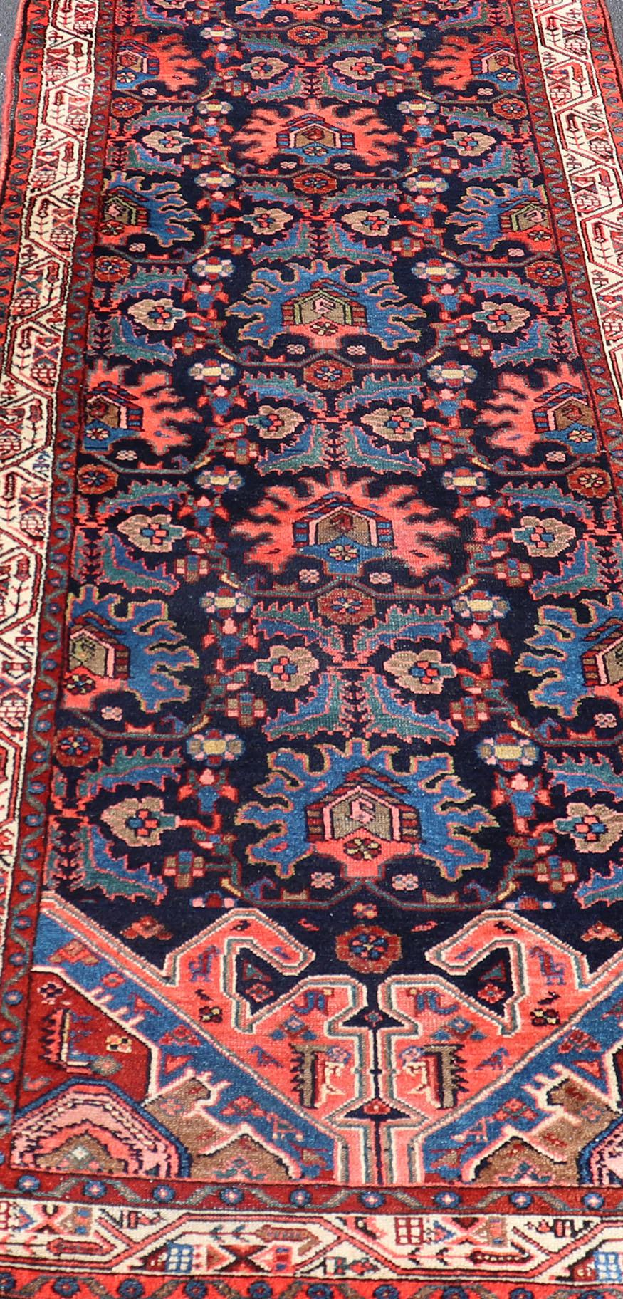 Wool Antique Persian Malayer Runner in Blue Background with Multi Colors For Sale