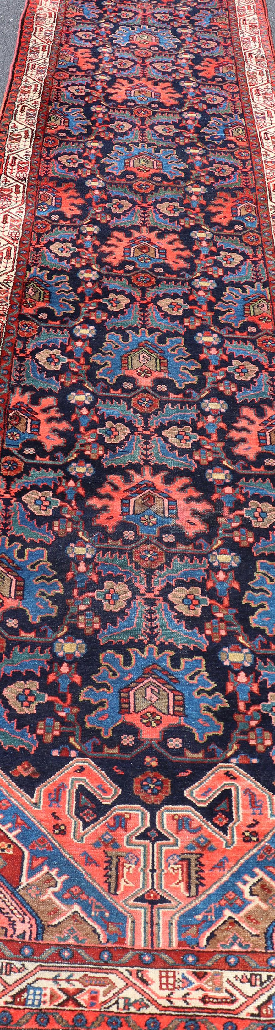 Antique Persian Malayer Runner in Blue Background with Multi Colors For Sale 1