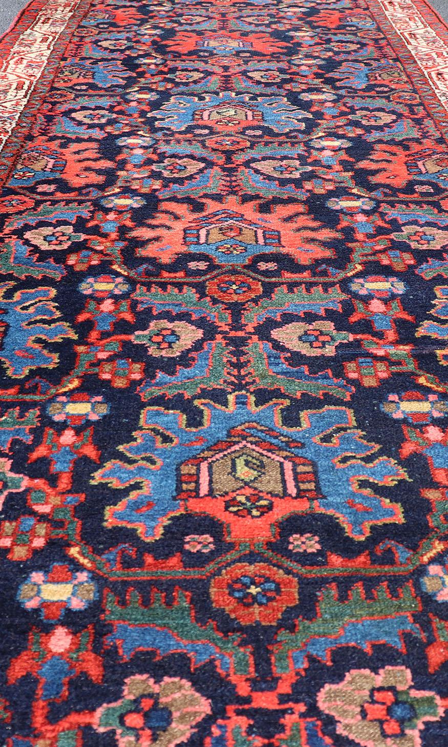 Antique Persian Malayer Runner in Blue Background with Multi Colors For Sale 3