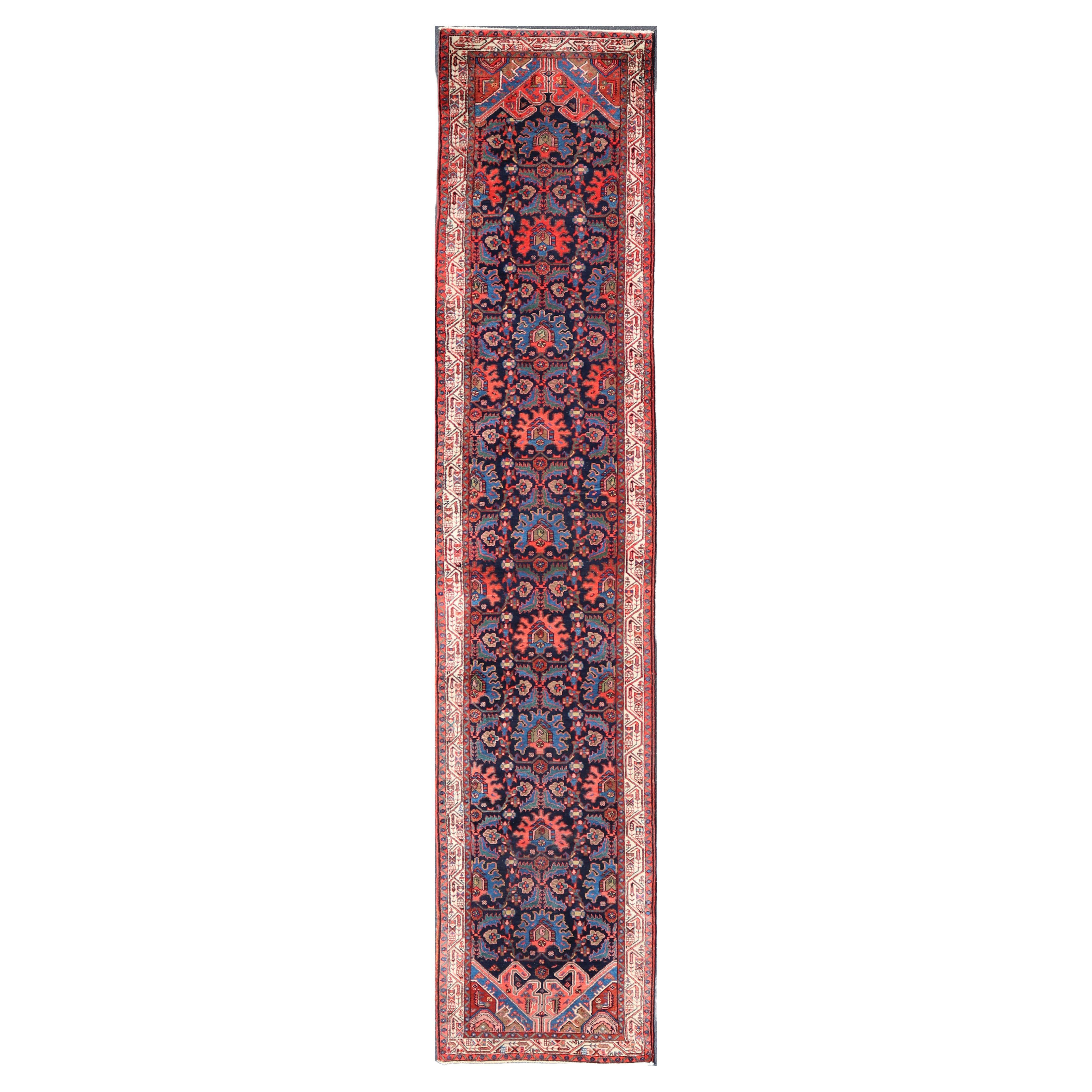 Antique Persian Malayer Runner in Blue Background with Multi Colors For Sale