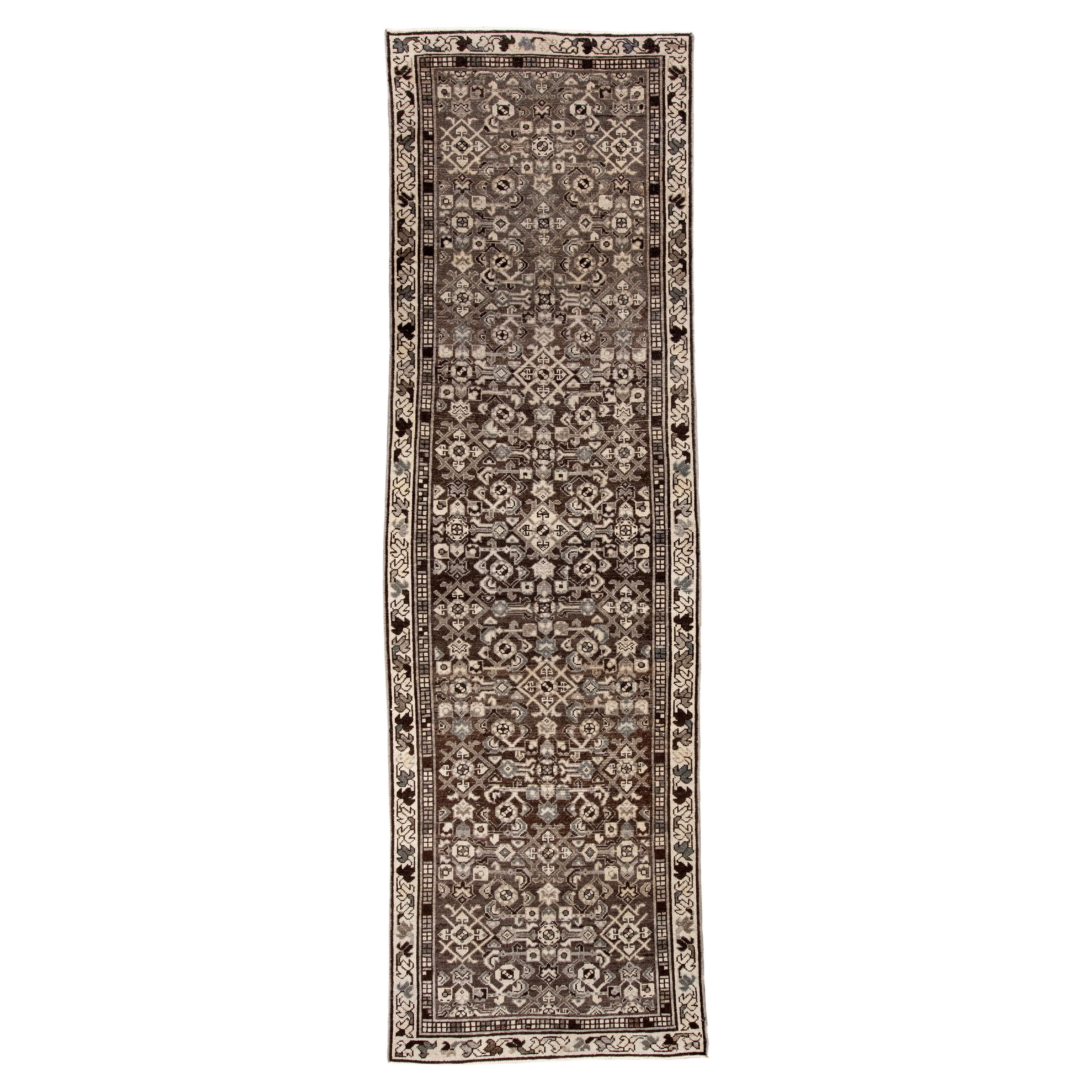 Antique Persian Malayer Runner in Deep Walnut and Ivory For Sale
