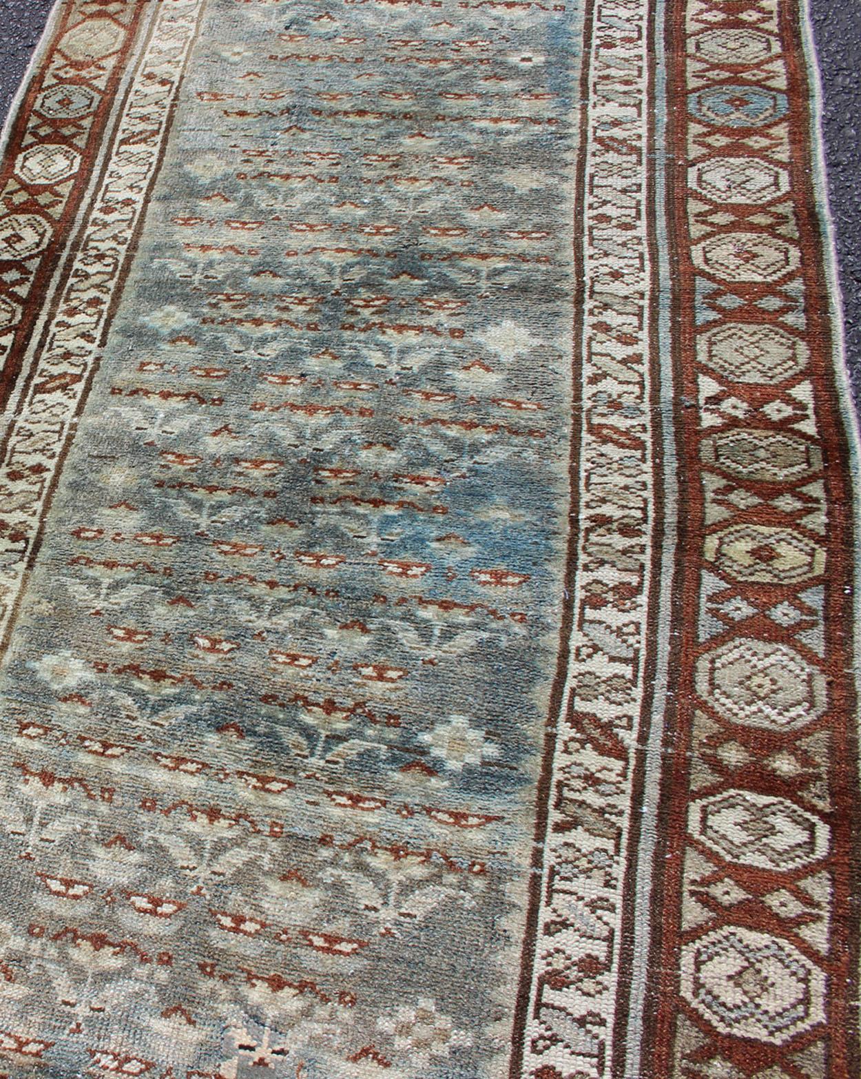 Antique Persian Malayer Runner in Gray, Blue, and Red with All-Over Design 4