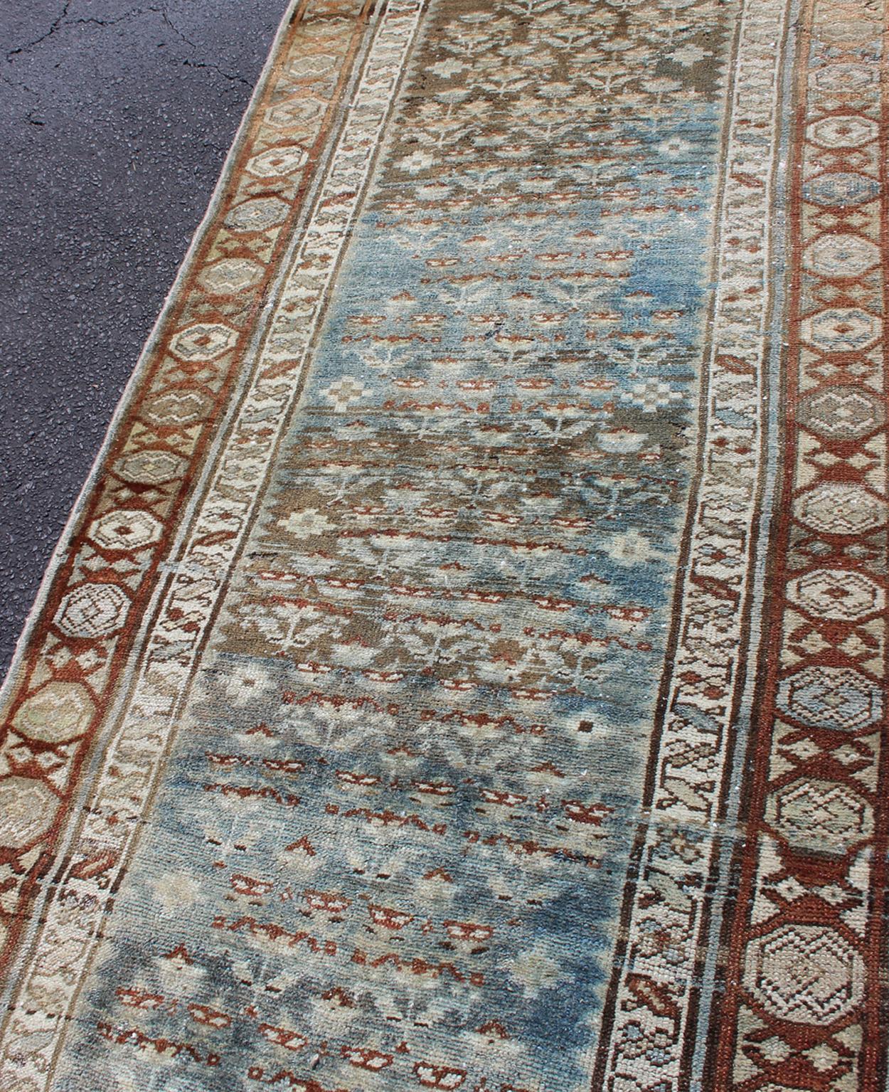 Antique Persian Malayer Runner in Gray, Blue, and Red with All-Over Design 5