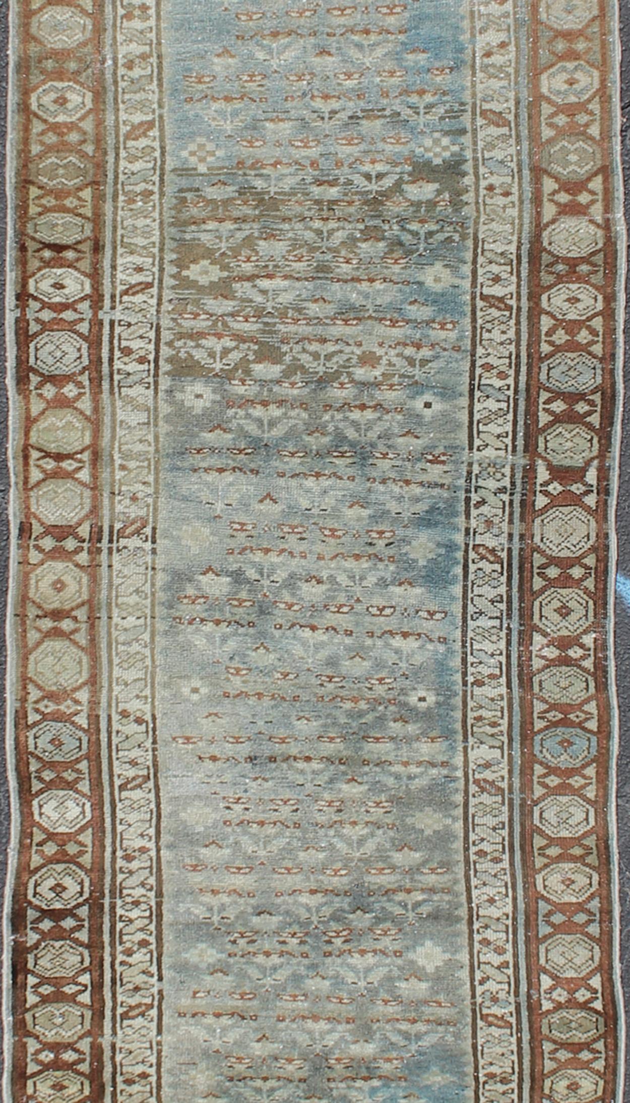 Hand-Knotted Antique Persian Malayer Runner in Gray, Blue, and Red with All-Over Design