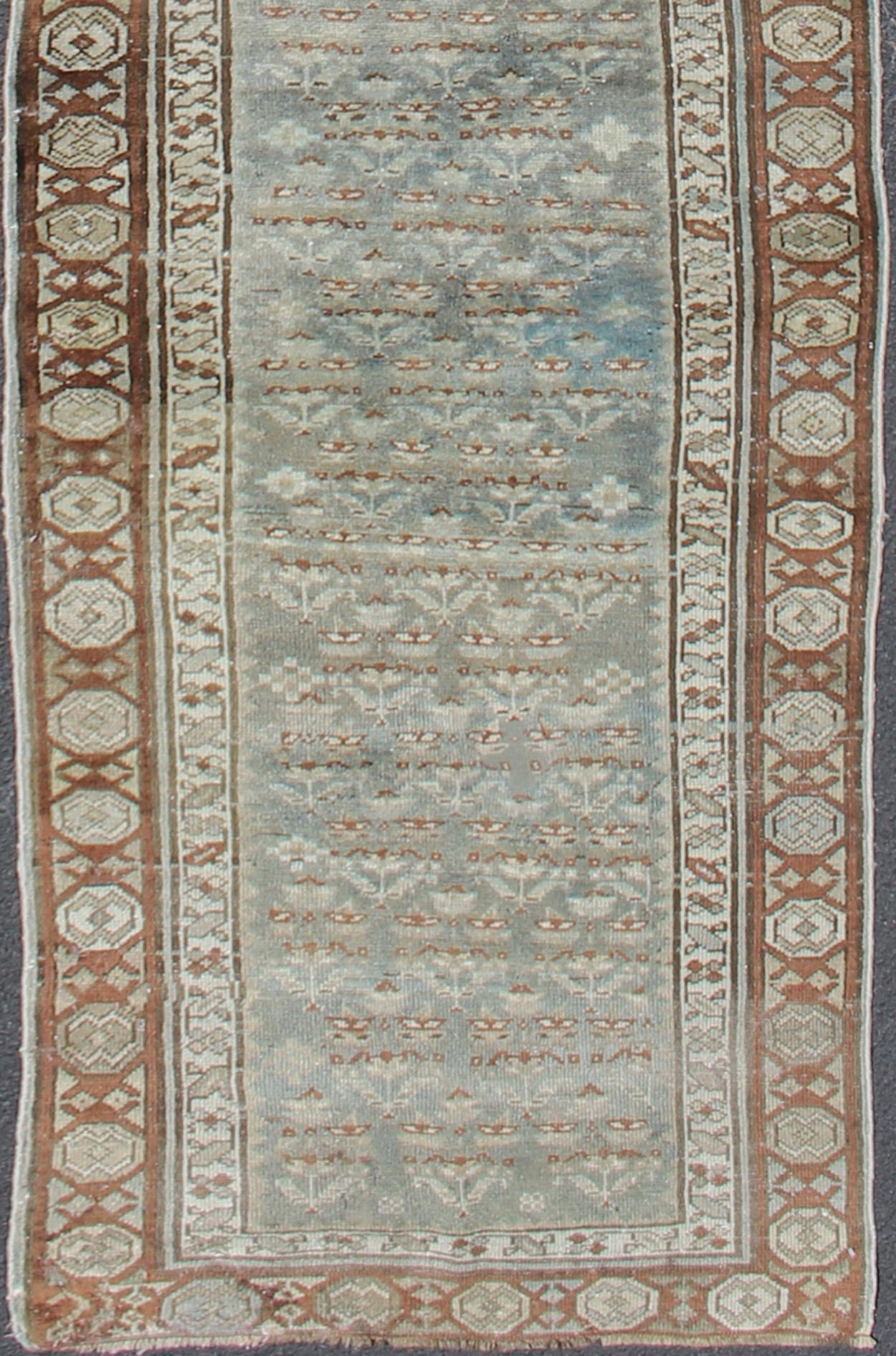 Antique Persian Malayer Runner in Gray, Blue, and Red with All-Over Design In Good Condition In Atlanta, GA