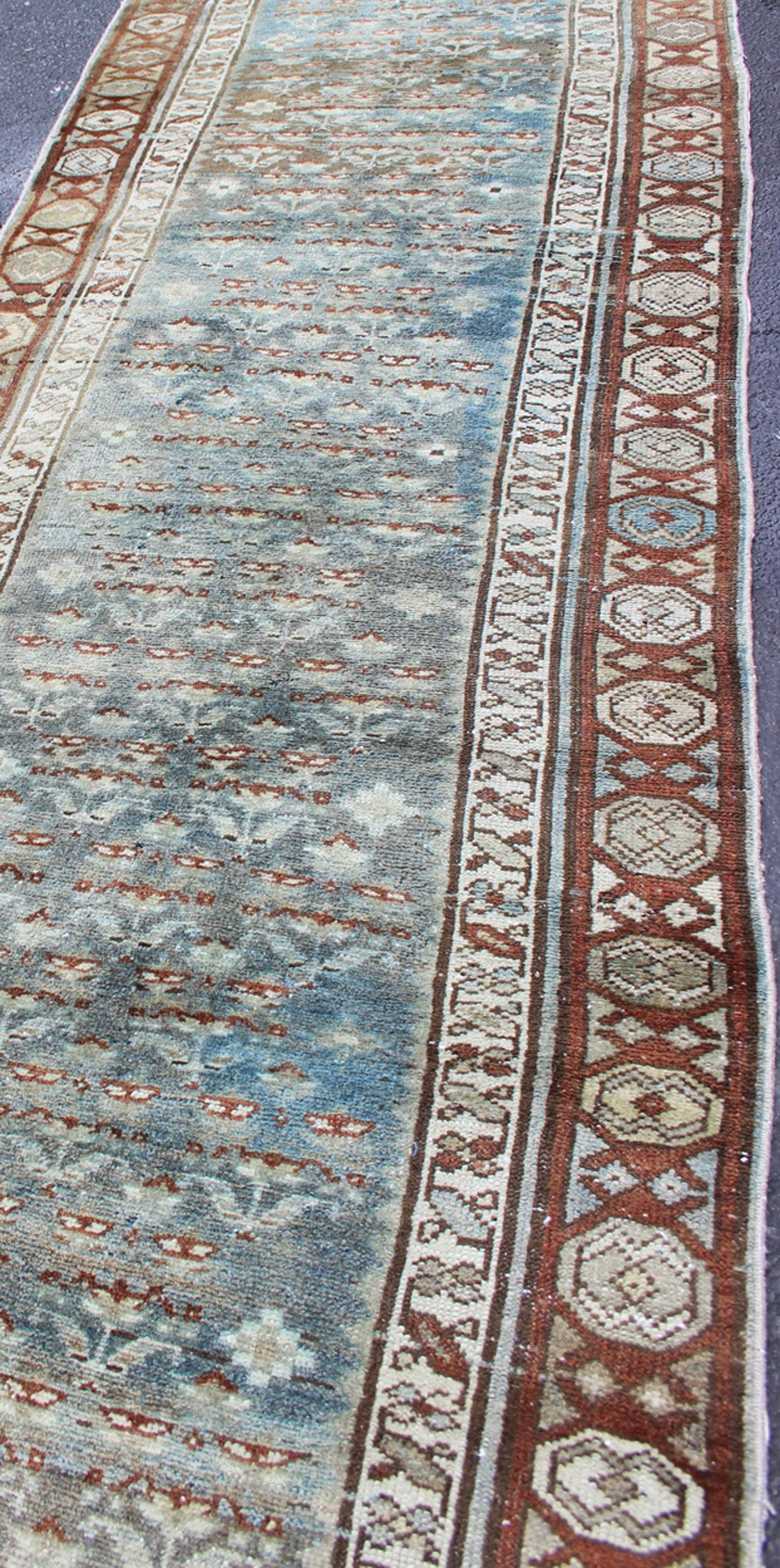 Antique Persian Malayer Runner in Gray, Blue, and Red with All-Over Design 1