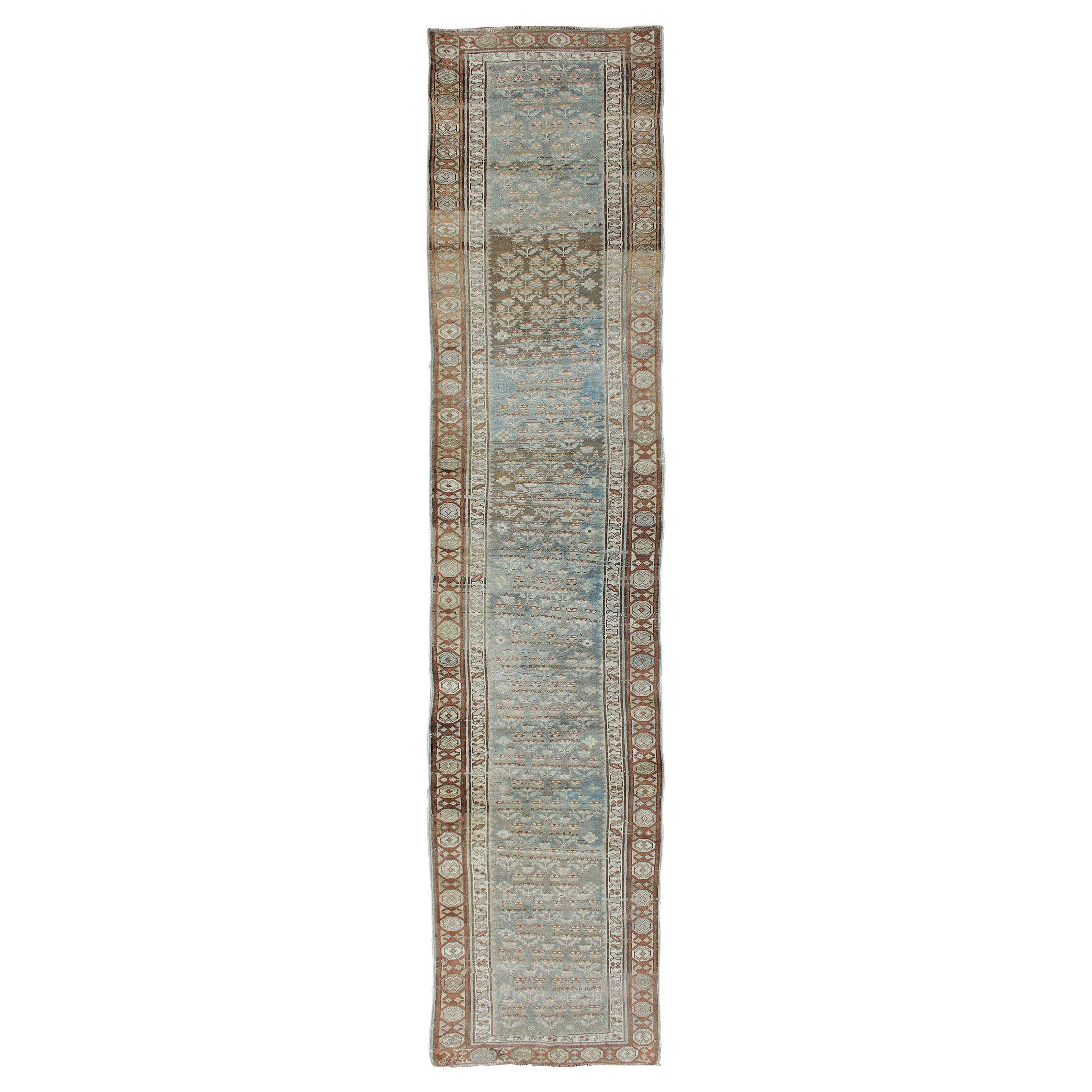 Antique Persian Malayer Runner in Gray, Blue, and Red with All-Over Design
