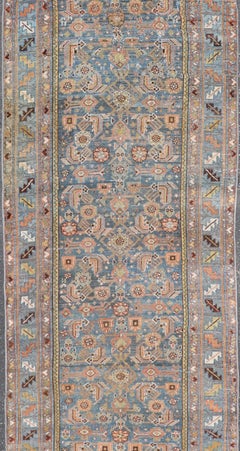 Antique Persian Malayer Runner in Light Blue and Salmon Pink