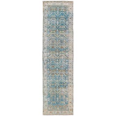 Antique Persian Malayer Runner in Shades of Blue and Green with Tribal Design