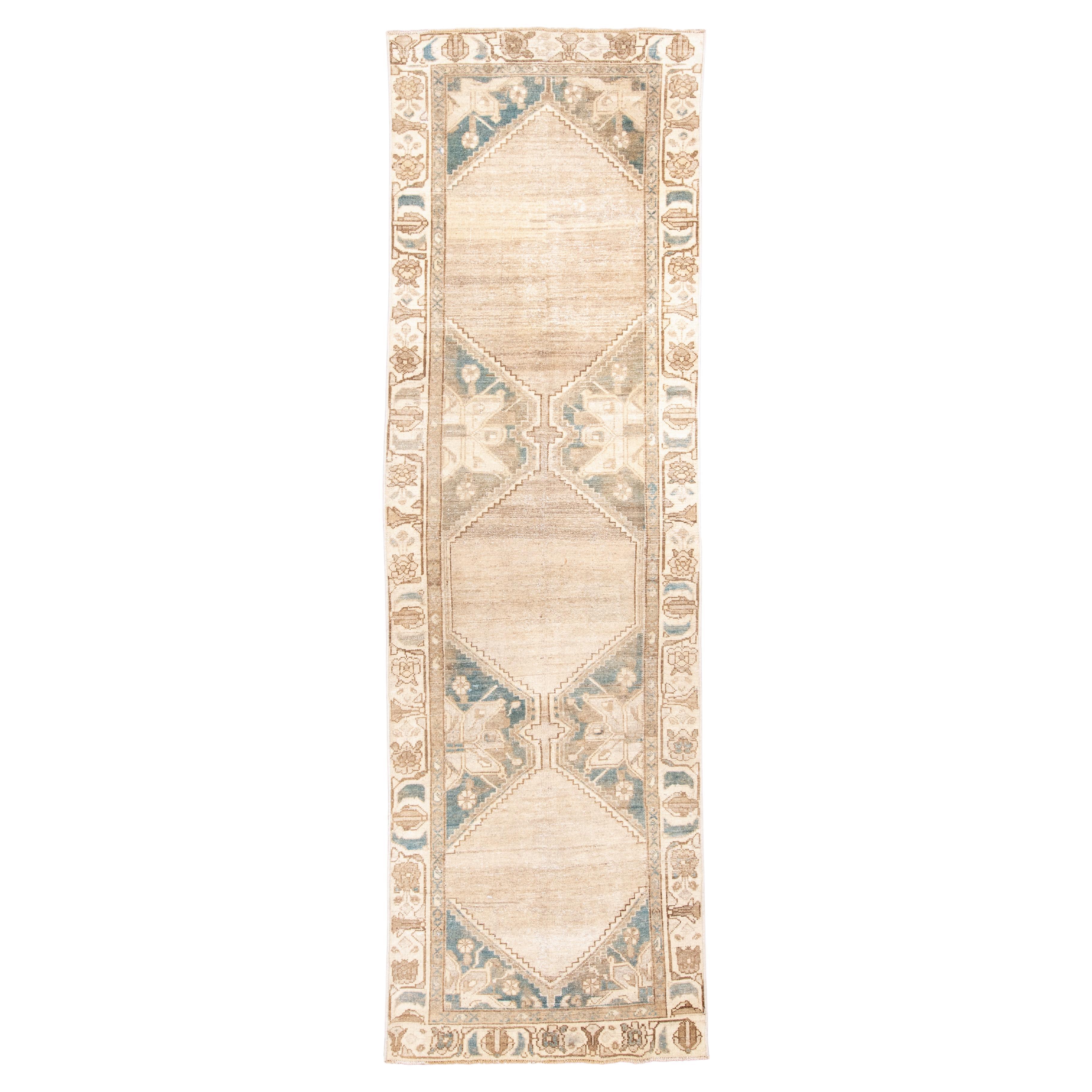Antique Persian Malayer Runner in Soft Beige 
Aqua Medallions For Sale