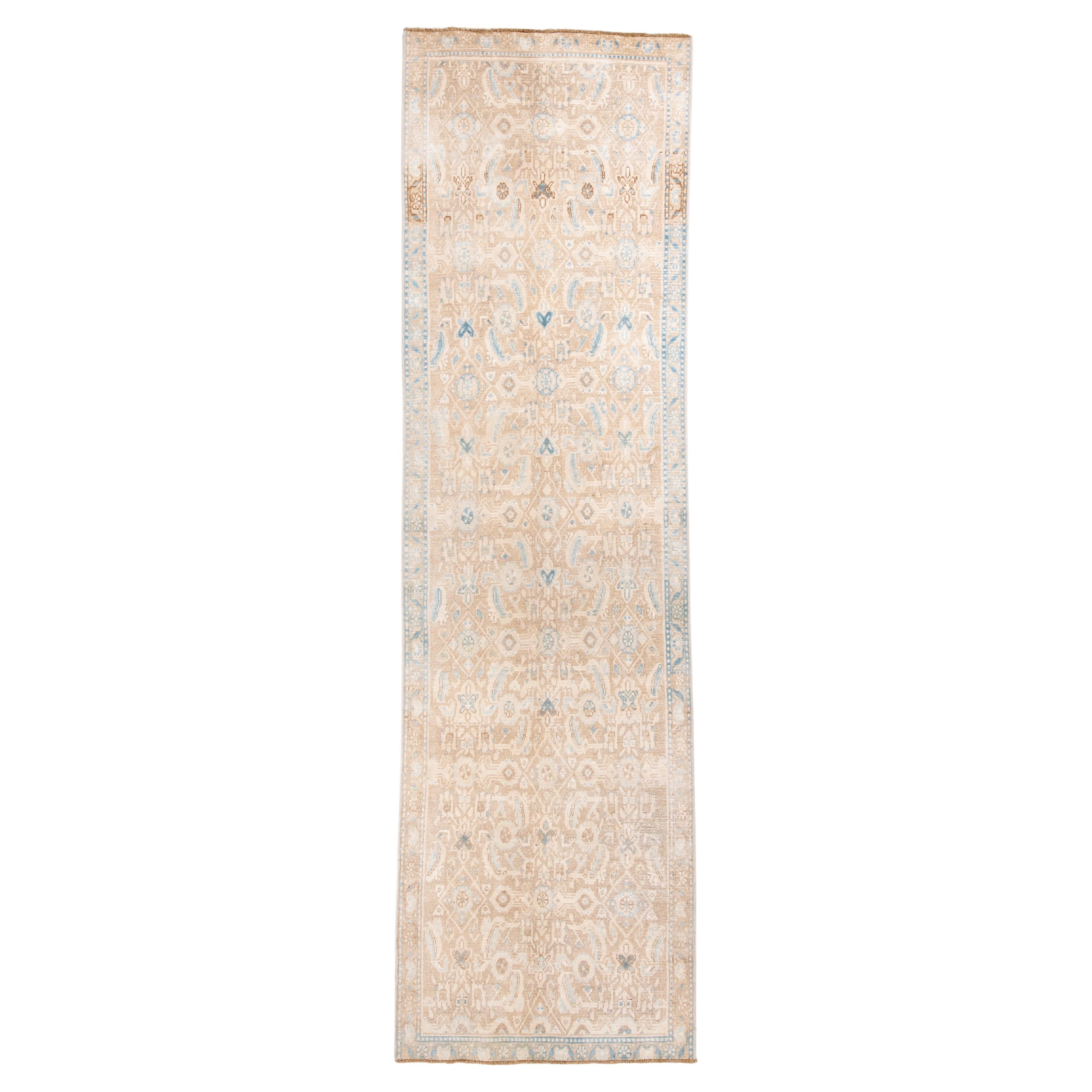 Antique Persian Malayer Runner in Soft Ivory and Sky Blue For Sale