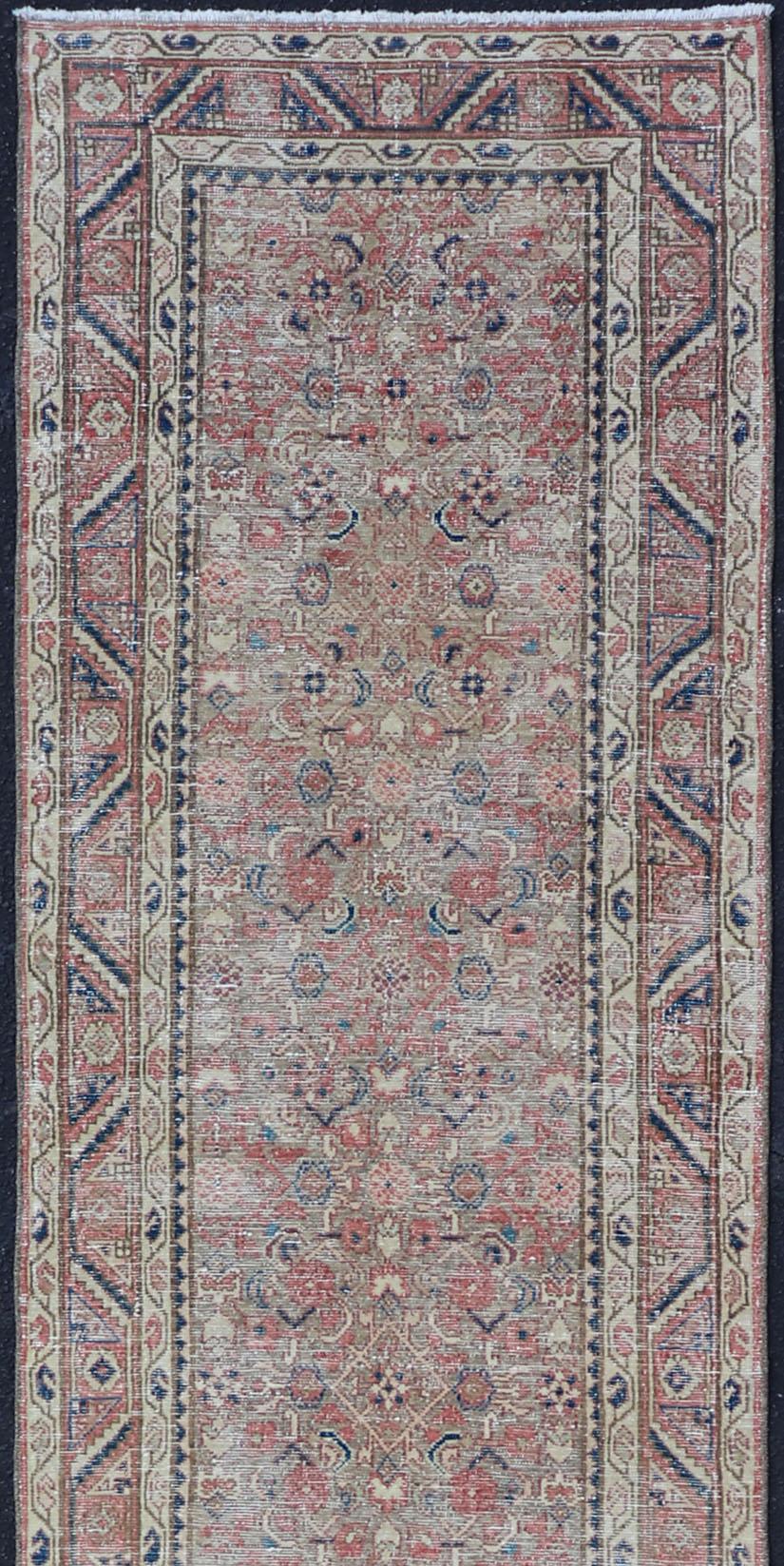 Antique Persian Malayer Runner in Tones of Blue, Salmon, Cream, and Tans For Sale 4