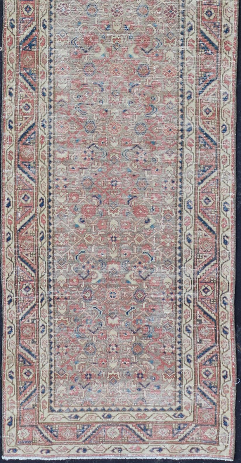 Hand-Knotted Antique Persian Malayer Runner in Tones of Blue, Salmon, Cream, and Tans For Sale