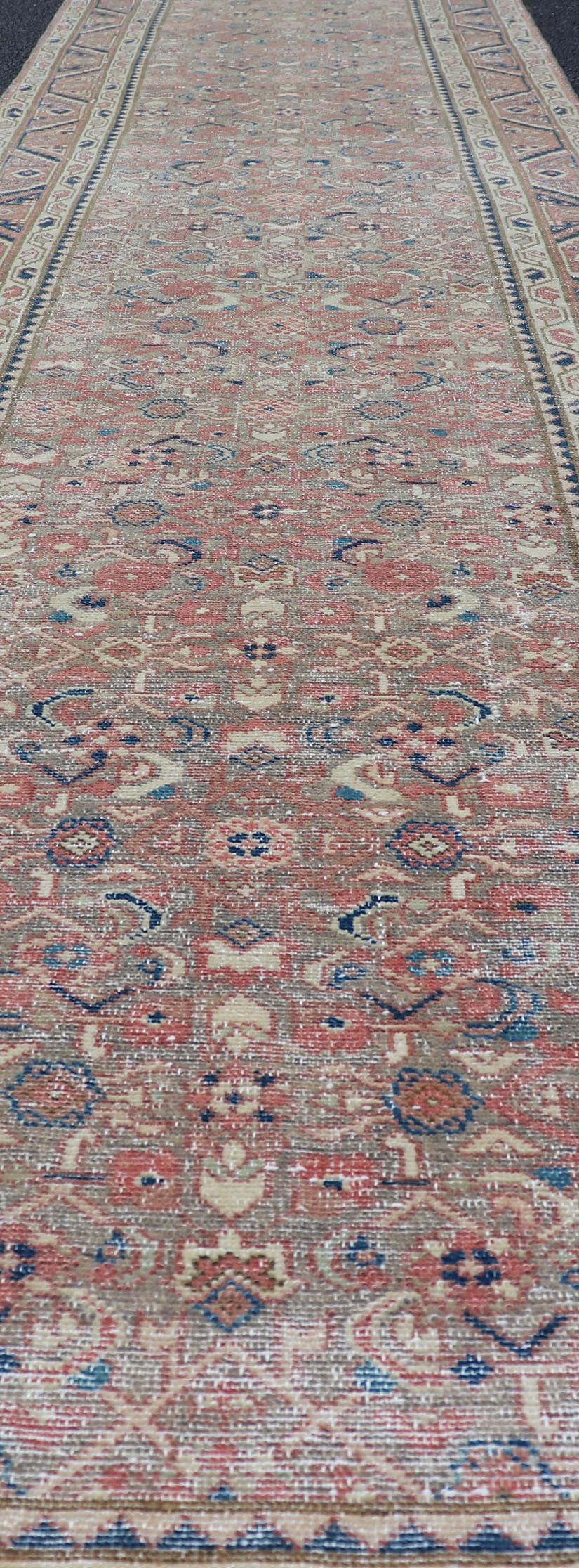 20th Century Antique Persian Malayer Runner in Tones of Blue, Salmon, Cream, and Tans For Sale