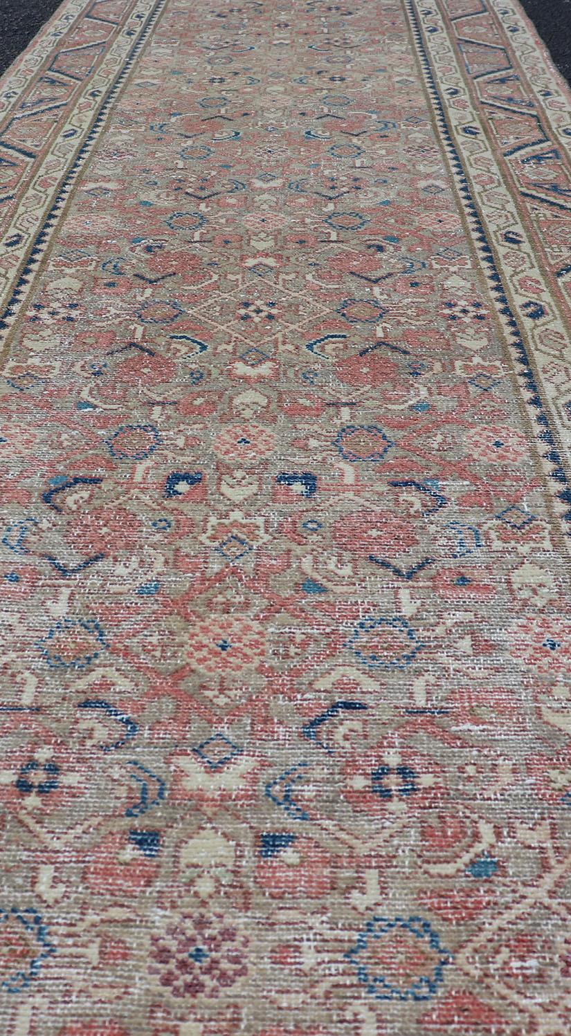Wool Antique Persian Malayer Runner in Tones of Blue, Salmon, Cream, and Tans For Sale