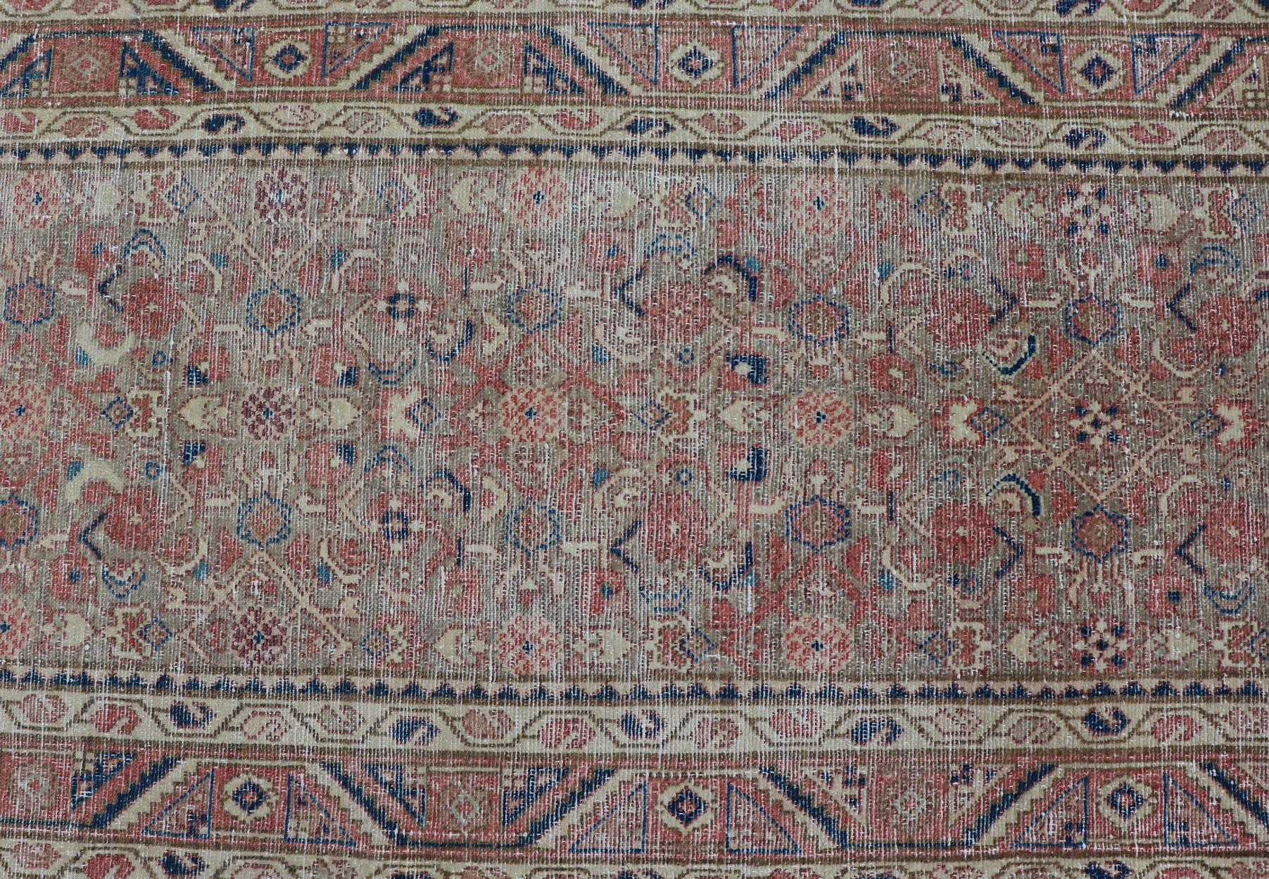 Antique Persian Malayer Runner in Tones of Blue, Salmon, Cream, and Tans For Sale 1