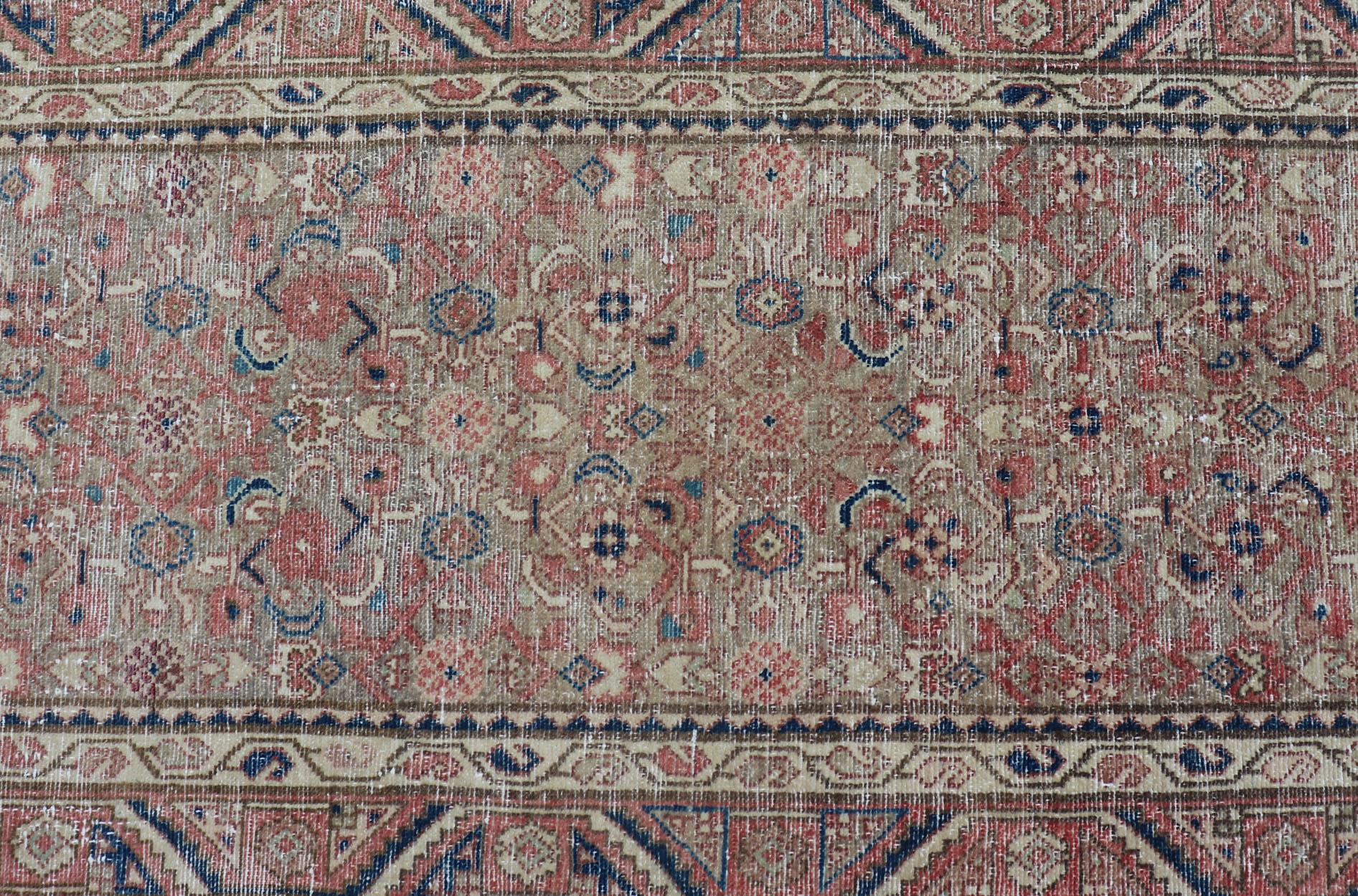 Antique Persian Malayer Runner in Tones of Blue, Salmon, Cream, and Tans For Sale 2