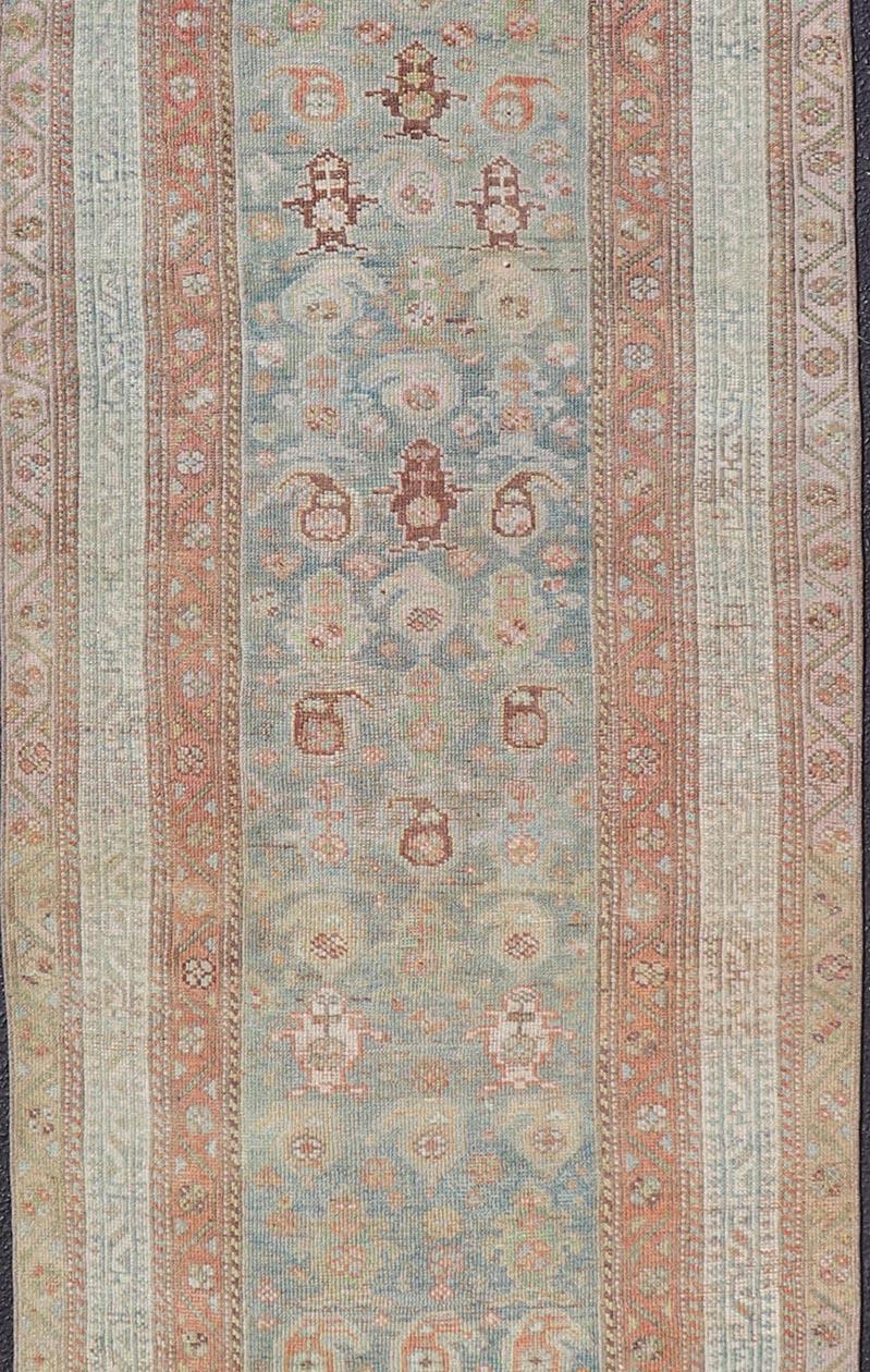 Hand-Knotted Antique Persian Malayer Runner in Wool with Sub-Geometric Design For Sale