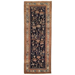 Tapis de couloir persan ancien Malayer à motifs animaliers et géométriques