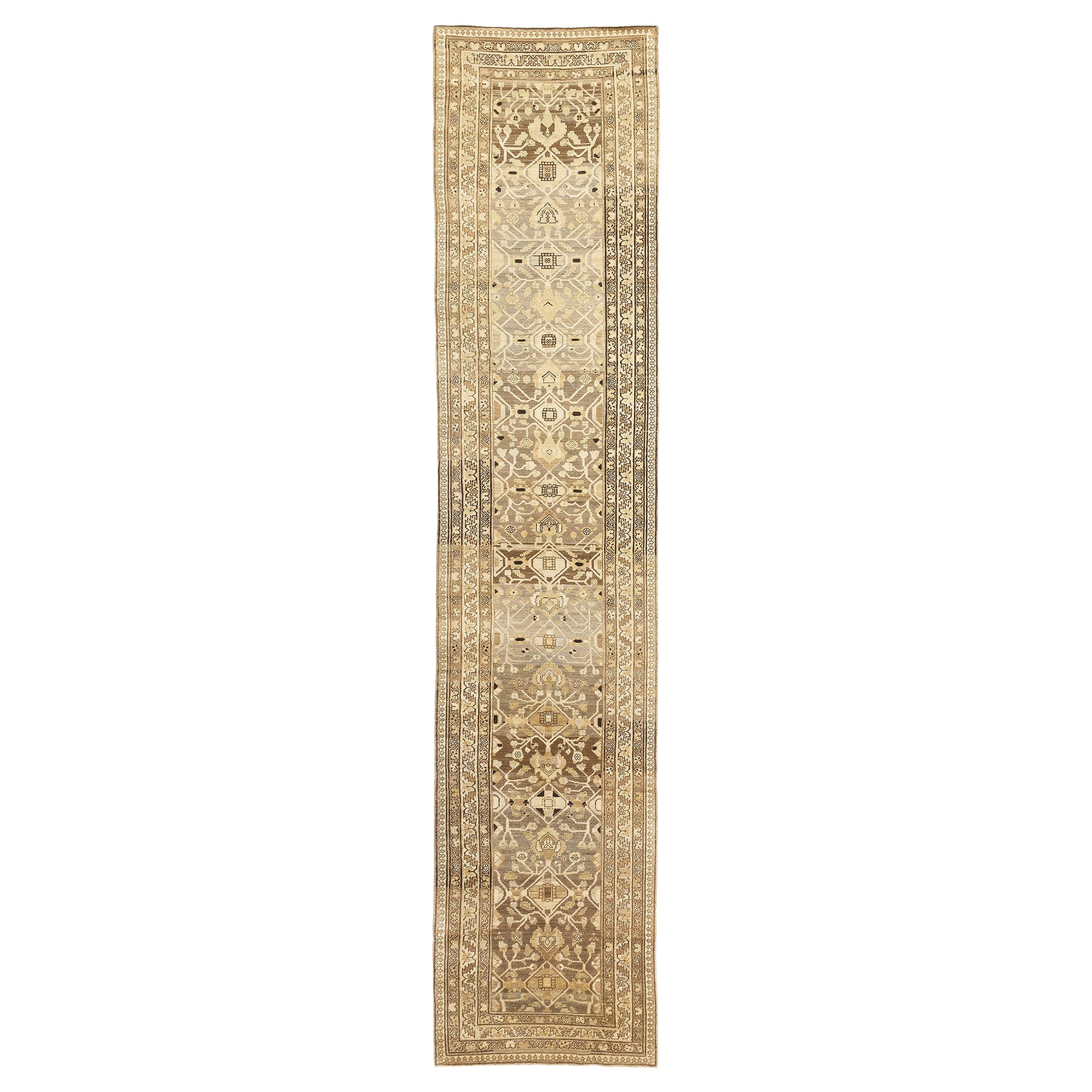 Antique Persian Malayer Runner Rug with Beige and Brown Tribal Details For Sale