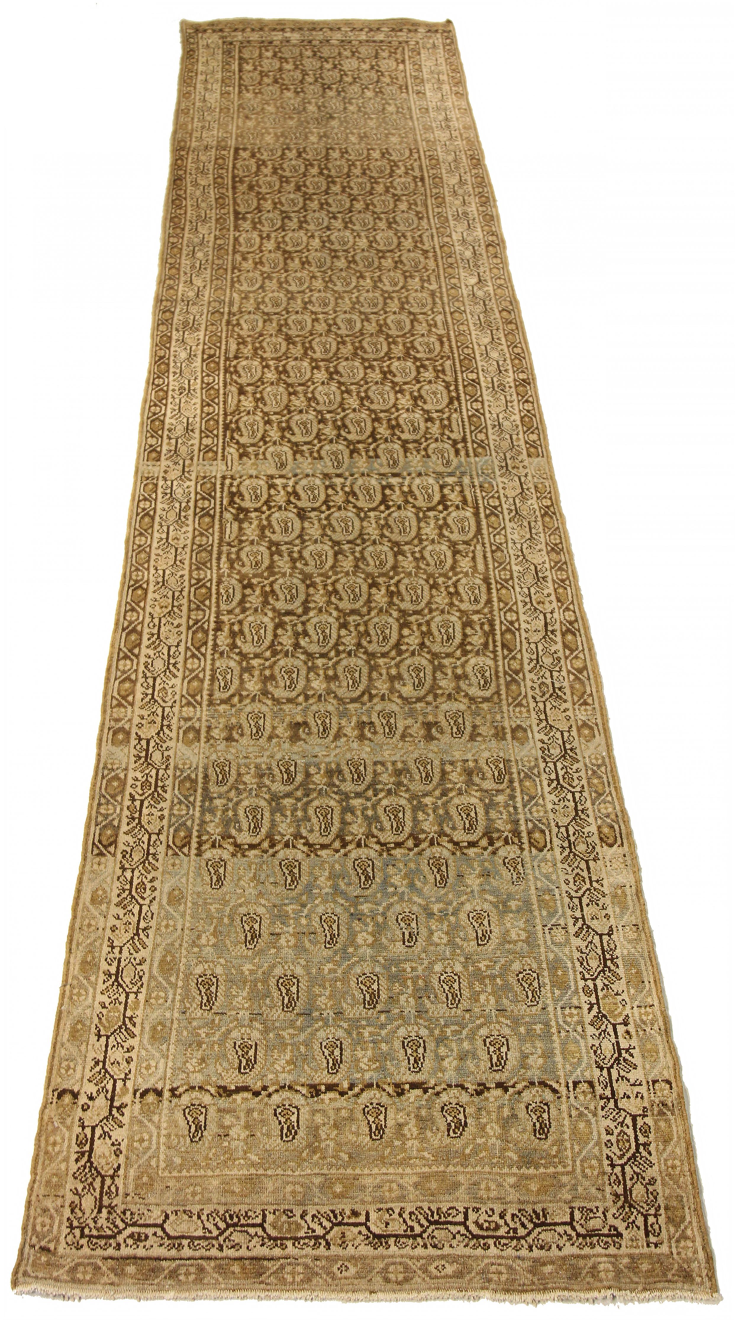 Antique Persian runner rug handwoven from the finest sheep’s wool and colored with all-natural vegetable dyes that are safe for humans and pets. It’s a traditional Malayer design featuring a lovely brown field covered with beige, brown floral and