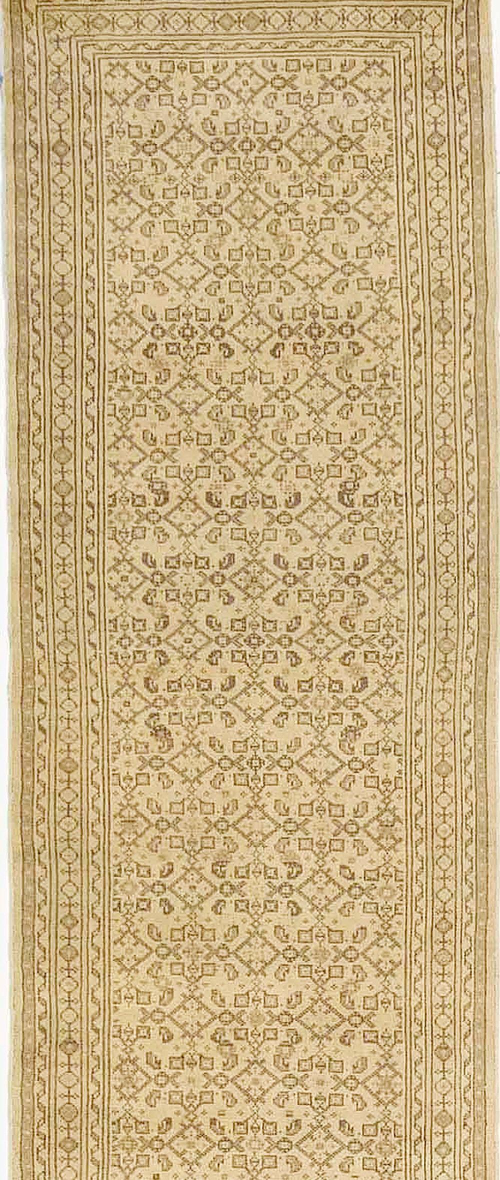 Hand-Woven Antique Persian Malayer Runner Rug with Beige & Brown Geometric Patterns For Sale