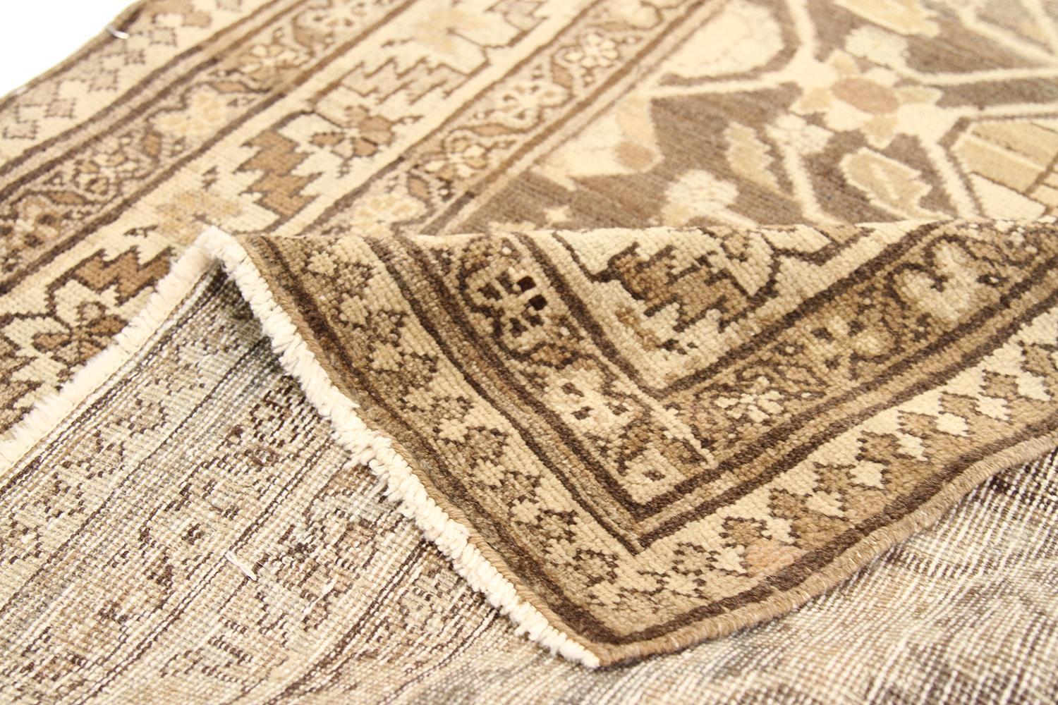 Hand-Woven Antique Persian Malayer Runner Rug with Beige and Brown Tribal Details For Sale