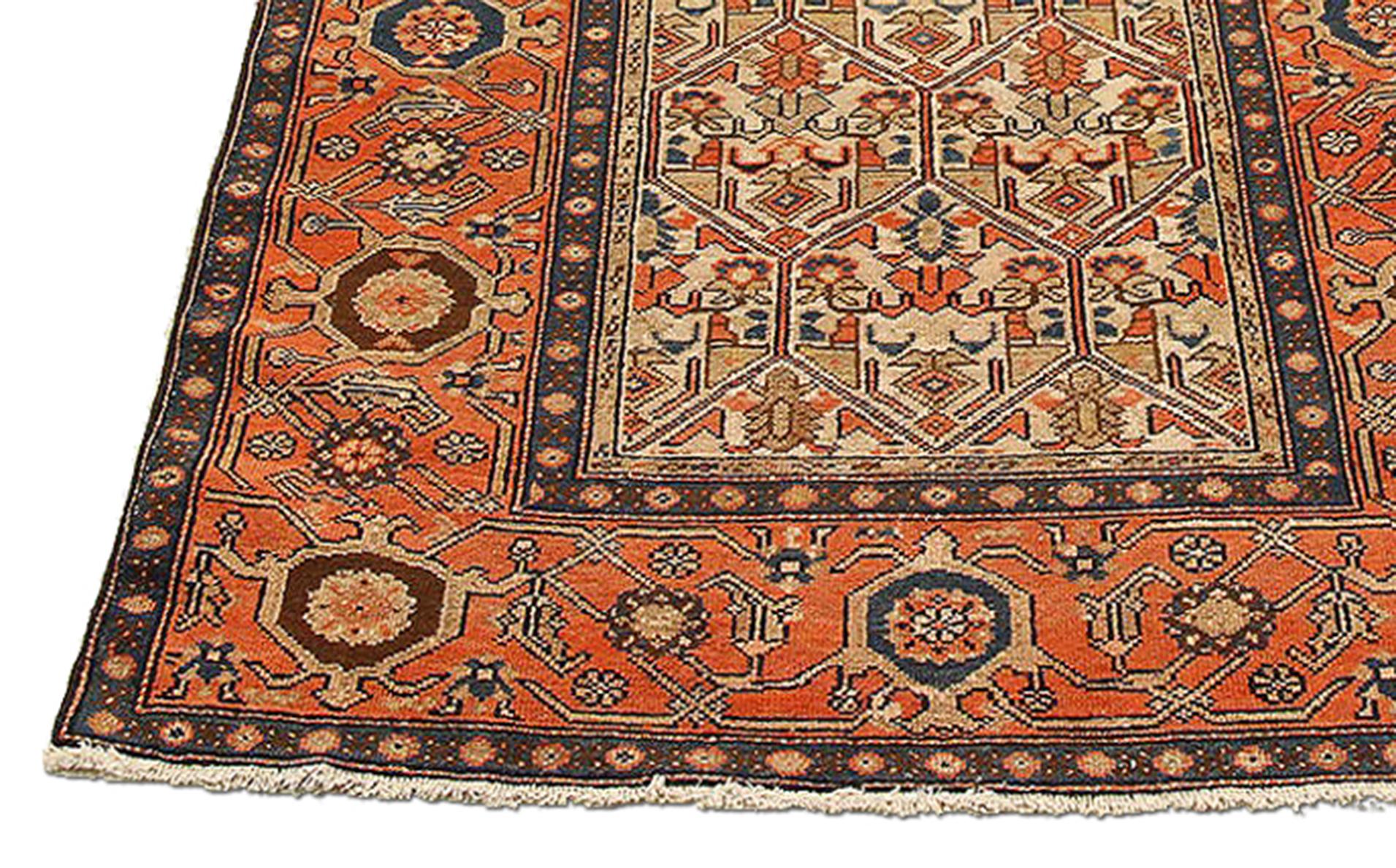 Hand-Woven Antique Persian Malayer Runner Rug with Beige and Orange Floral Medallions For Sale
