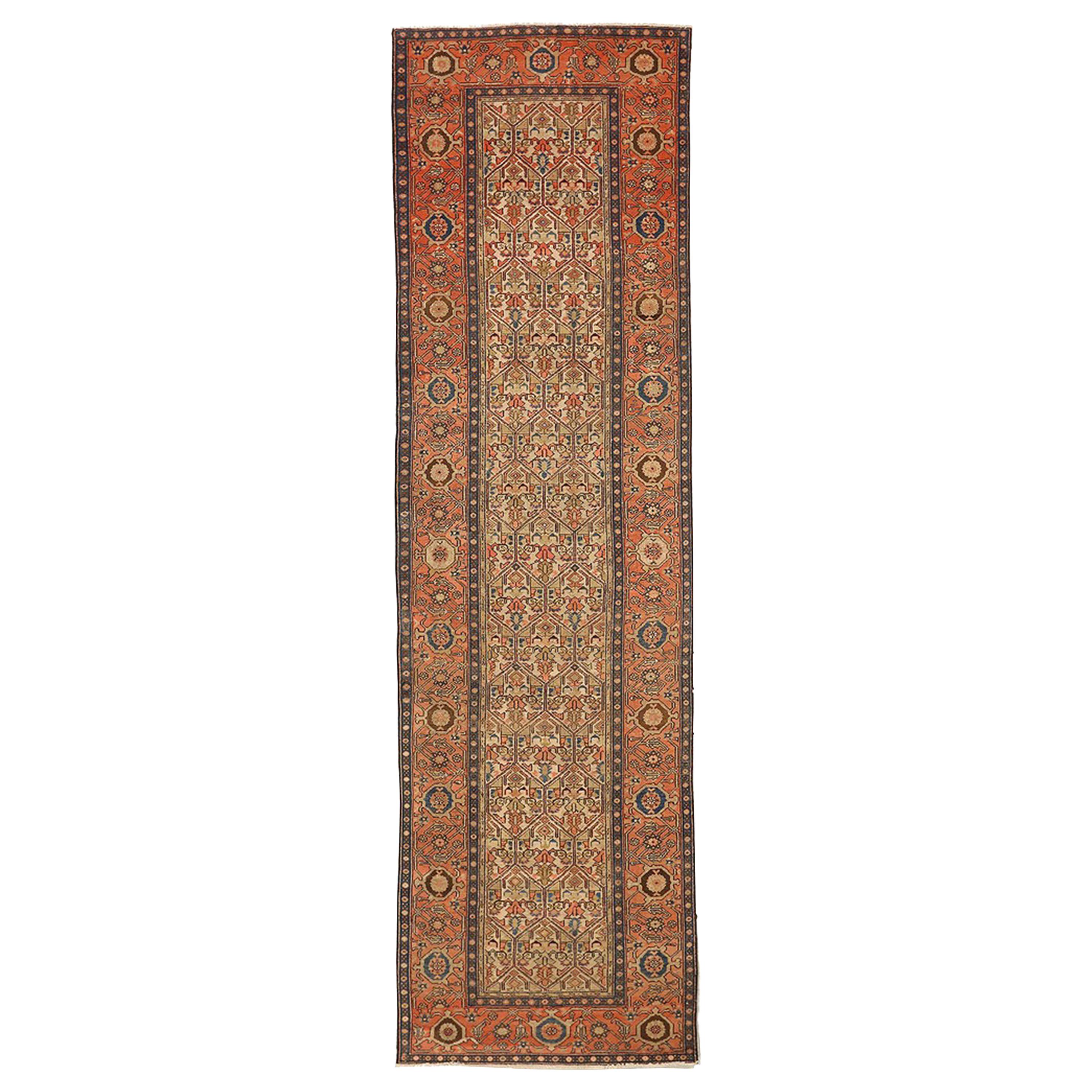 Antique Persian Malayer Runner Rug with Beige and Orange Floral Medallions For Sale