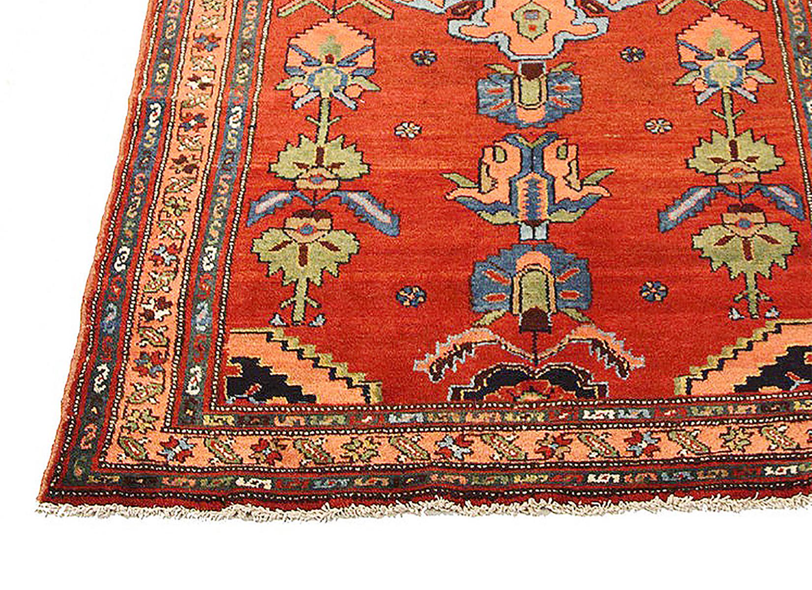 Antique Persian Malayer Runner Rug with Blue & Green Floral Details on Red Field In Excellent Condition For Sale In Dallas, TX