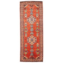 Vintage Persian Malayer Runner Rug with Blue & Green Floral Details on Red Field