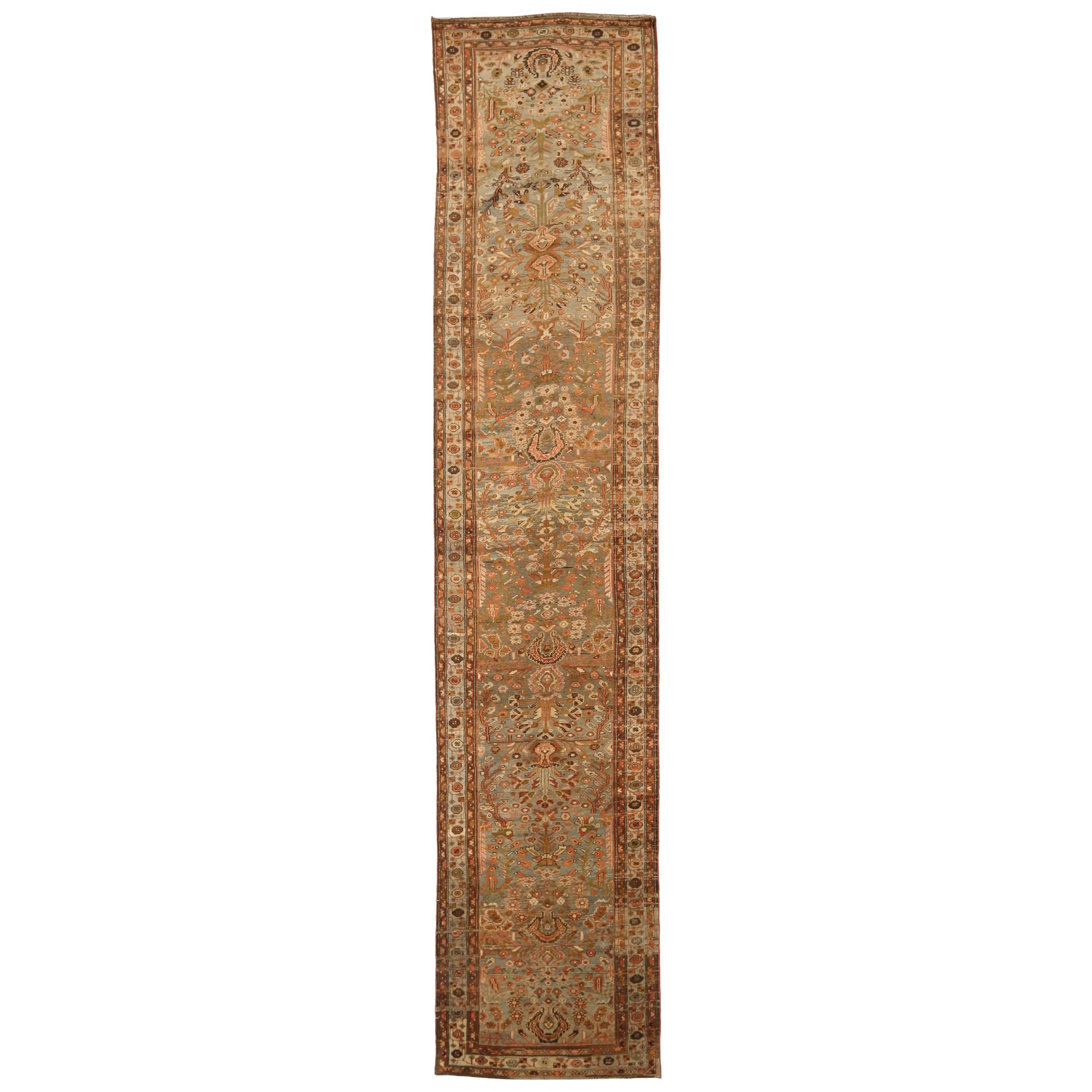 Antique Persian Malayer Runner Rug with Botanical Patterns on Ivory/Gray Field For Sale