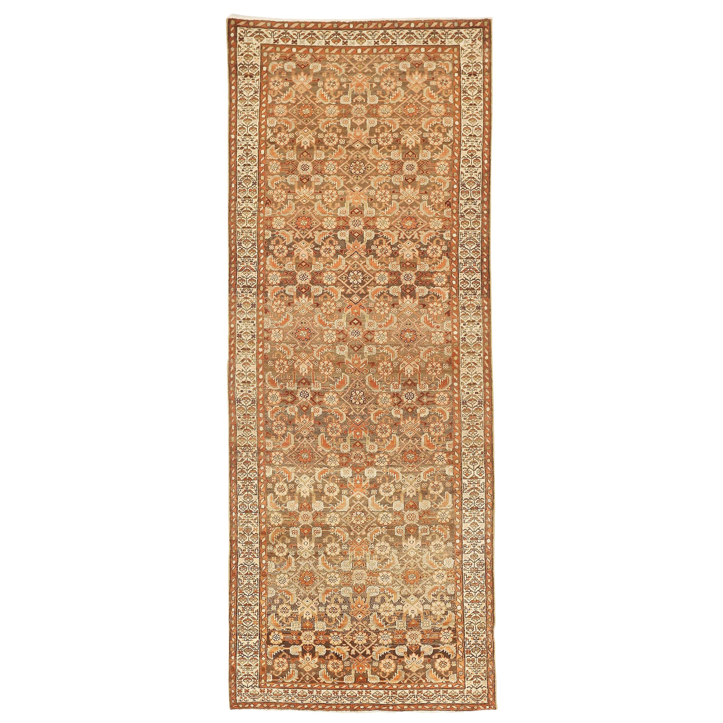Antique Persian Malayer Runner Rug with Brown and Beige Flower Heads All-Over