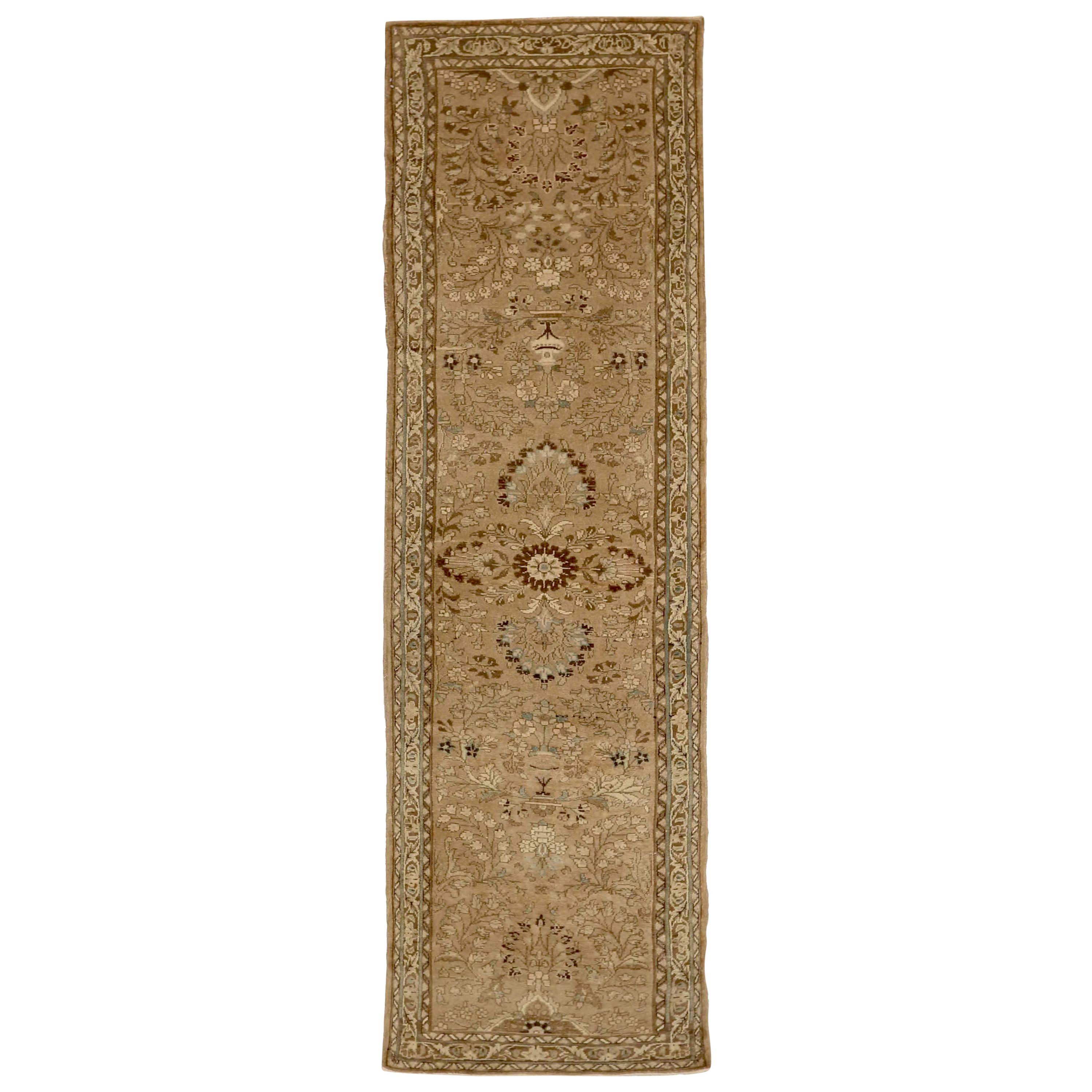 Antique Persian Malayer Runner Rug with Brown and Ivory Floral Details