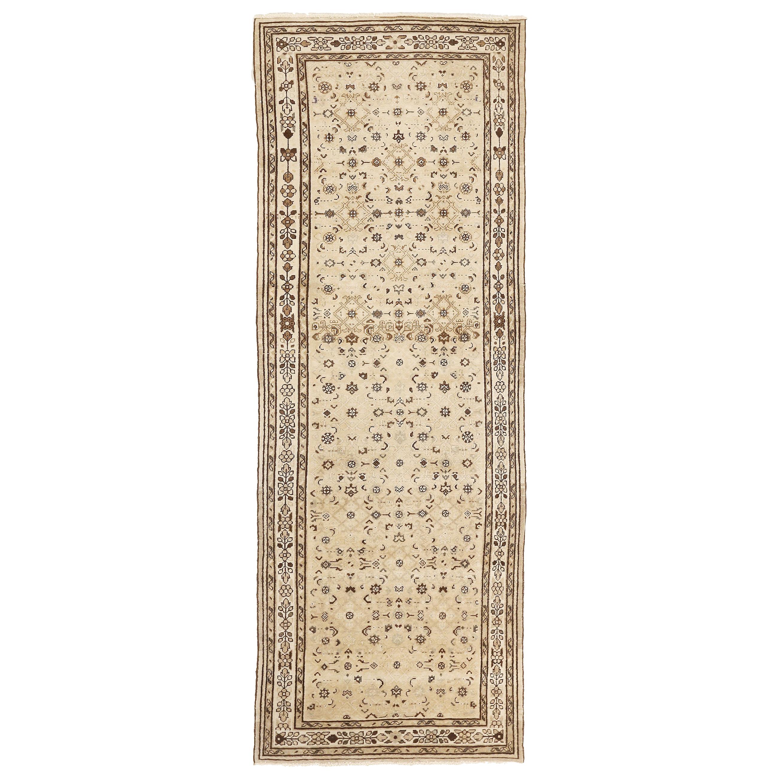 Antique Persian Malayer Runner Rug with Brown and Beige Floral Details For Sale