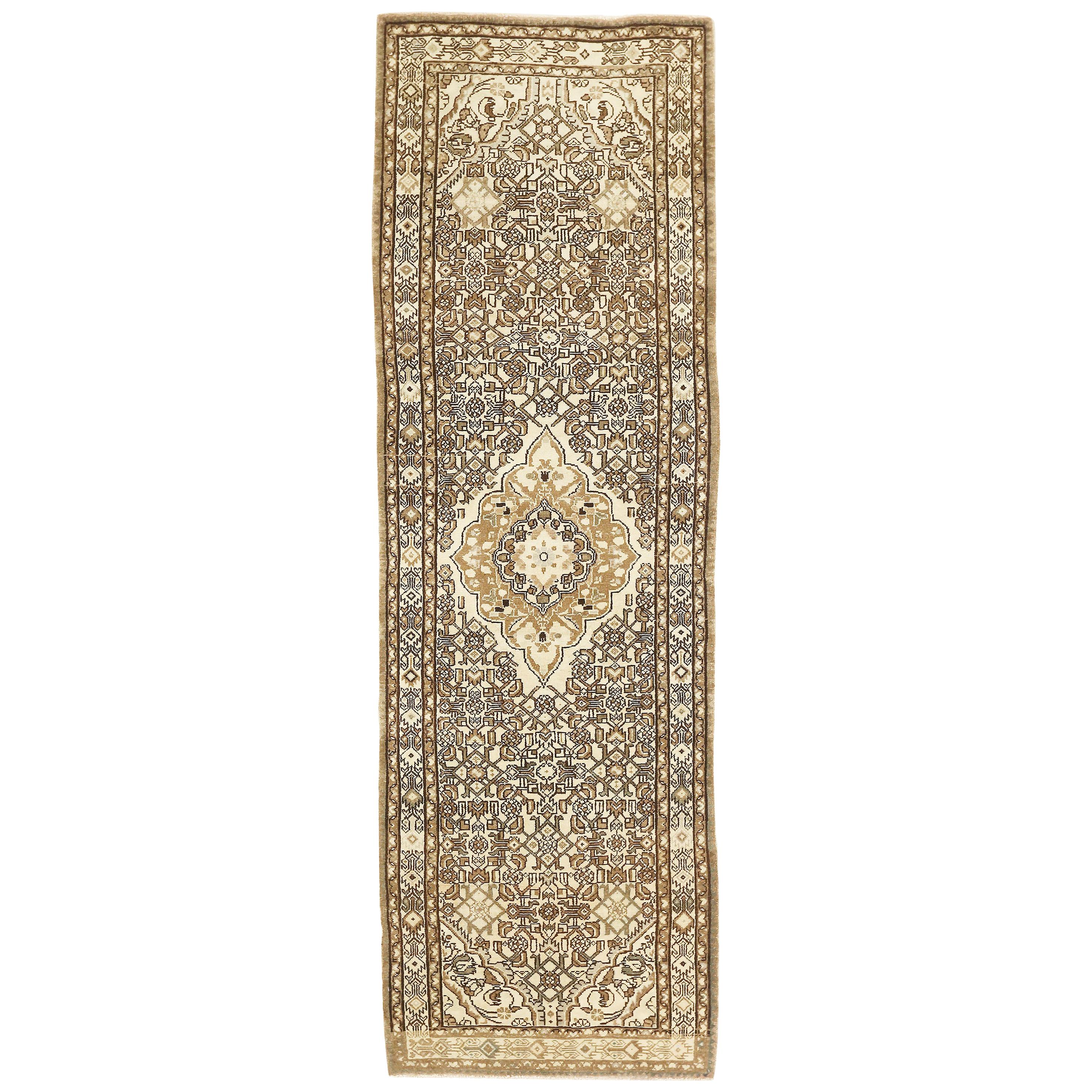 Antique Persian Malayer Runner Rug with Brown and Beige Floral Details For Sale