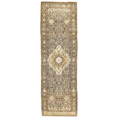 Antique Persian Malayer Runner Rug with Brown and Beige Floral Details