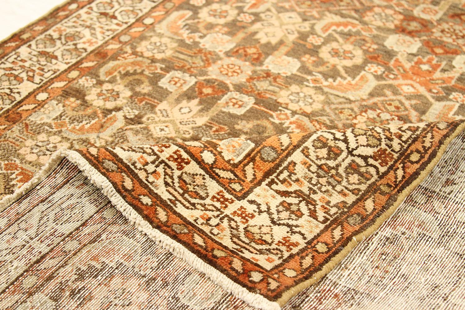 Hand-Woven Antique Persian Malayer Runner Rug with Brown and Beige Flower Heads All-Over For Sale