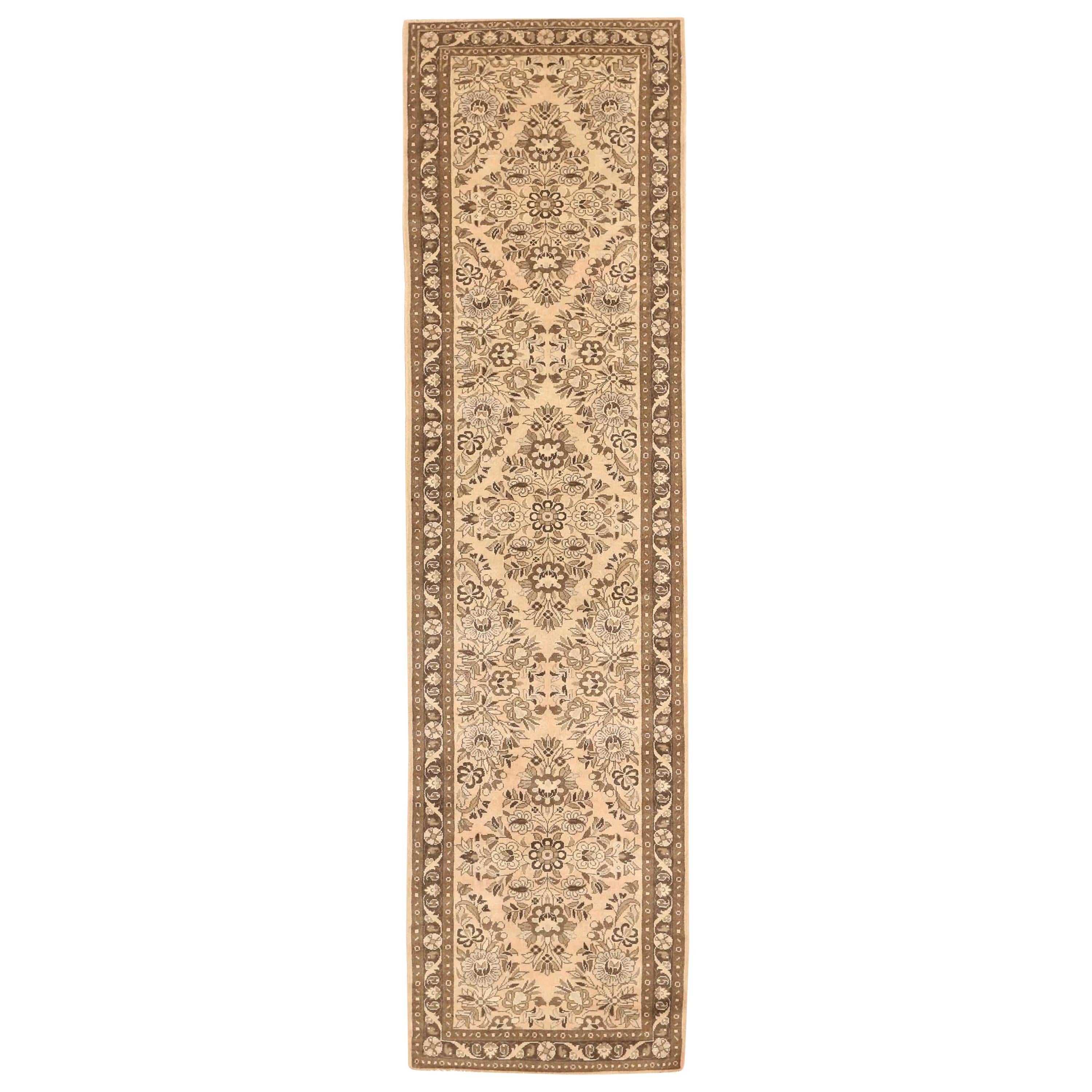 Antique Persian Malayer Runner Rug with Floral Details in Ivory Field