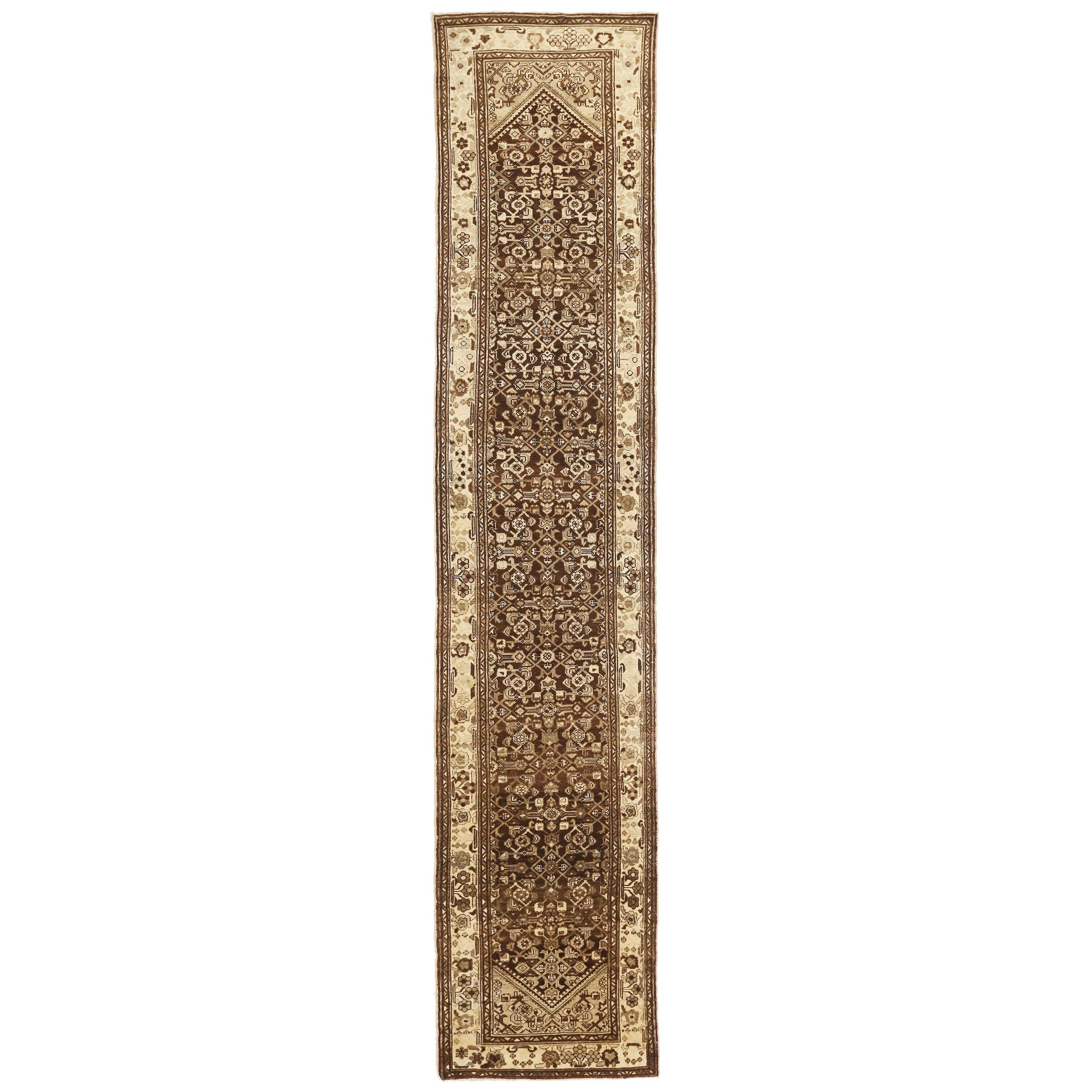 Antique Persian Malayer Runner Rug with Floral Details in Ivory