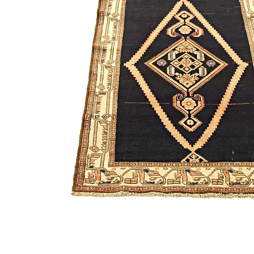 Antique Persian Malayer Runner Rug with Floral Details on Black and Ivory Field In Excellent Condition For Sale In Dallas, TX