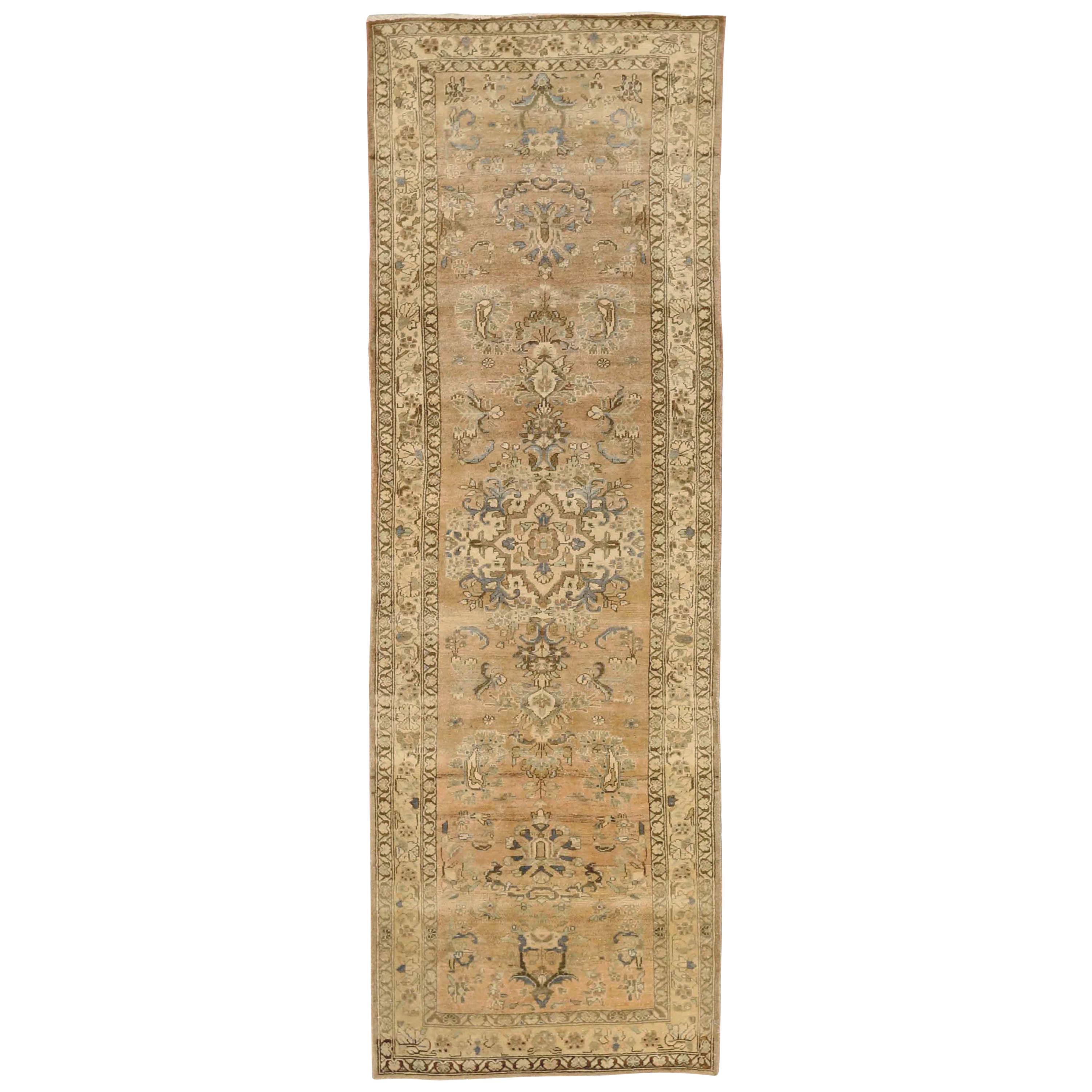 Antique Persian Malayer Runner Rug with Floral Details on Ivory Field