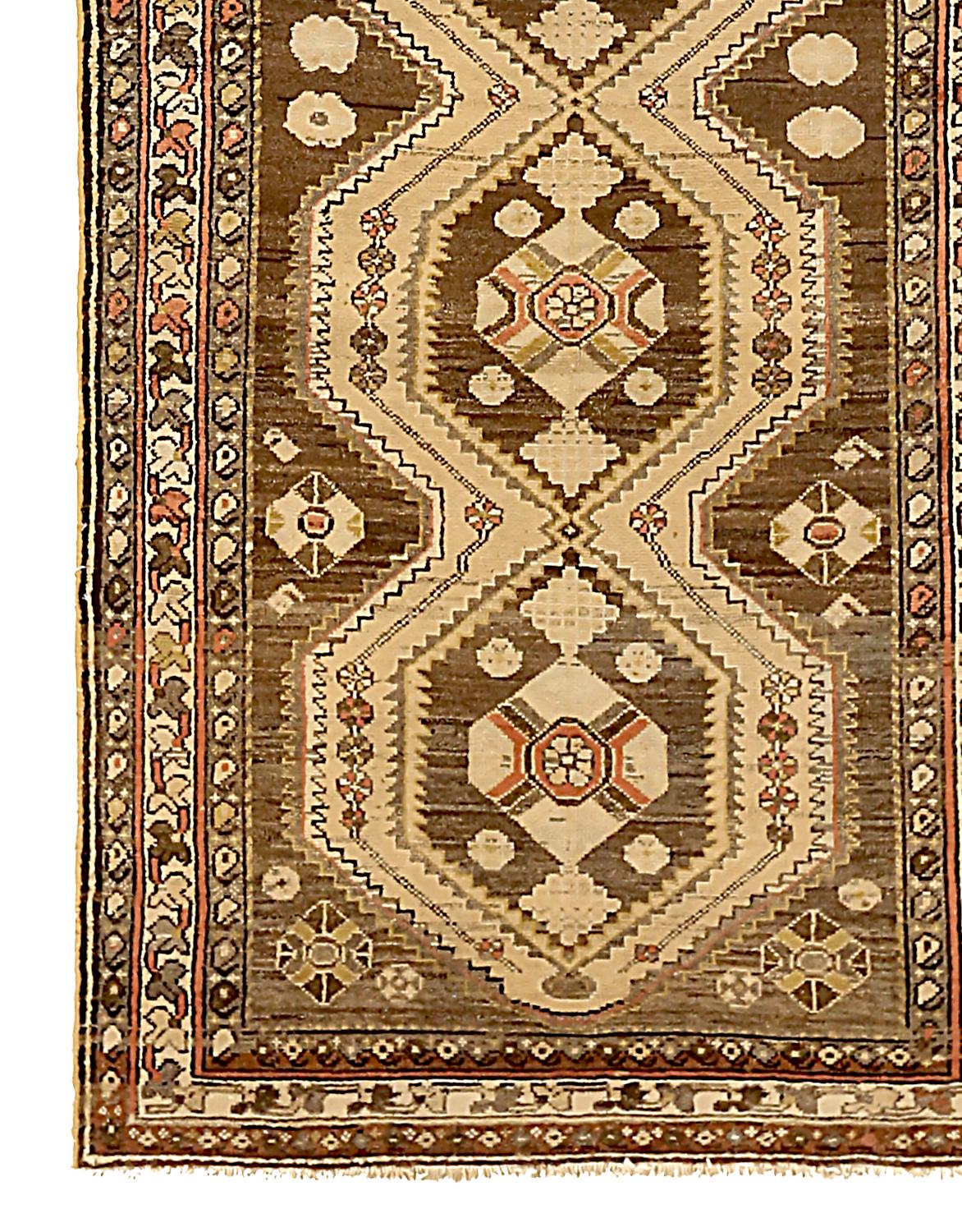 Hand-Woven Antique Persian Malayer Area Rug with Geometric Patterns in Brown Field For Sale