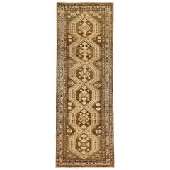 Used Persian Malayer Area Rug with Geometric Patterns in Brown Field