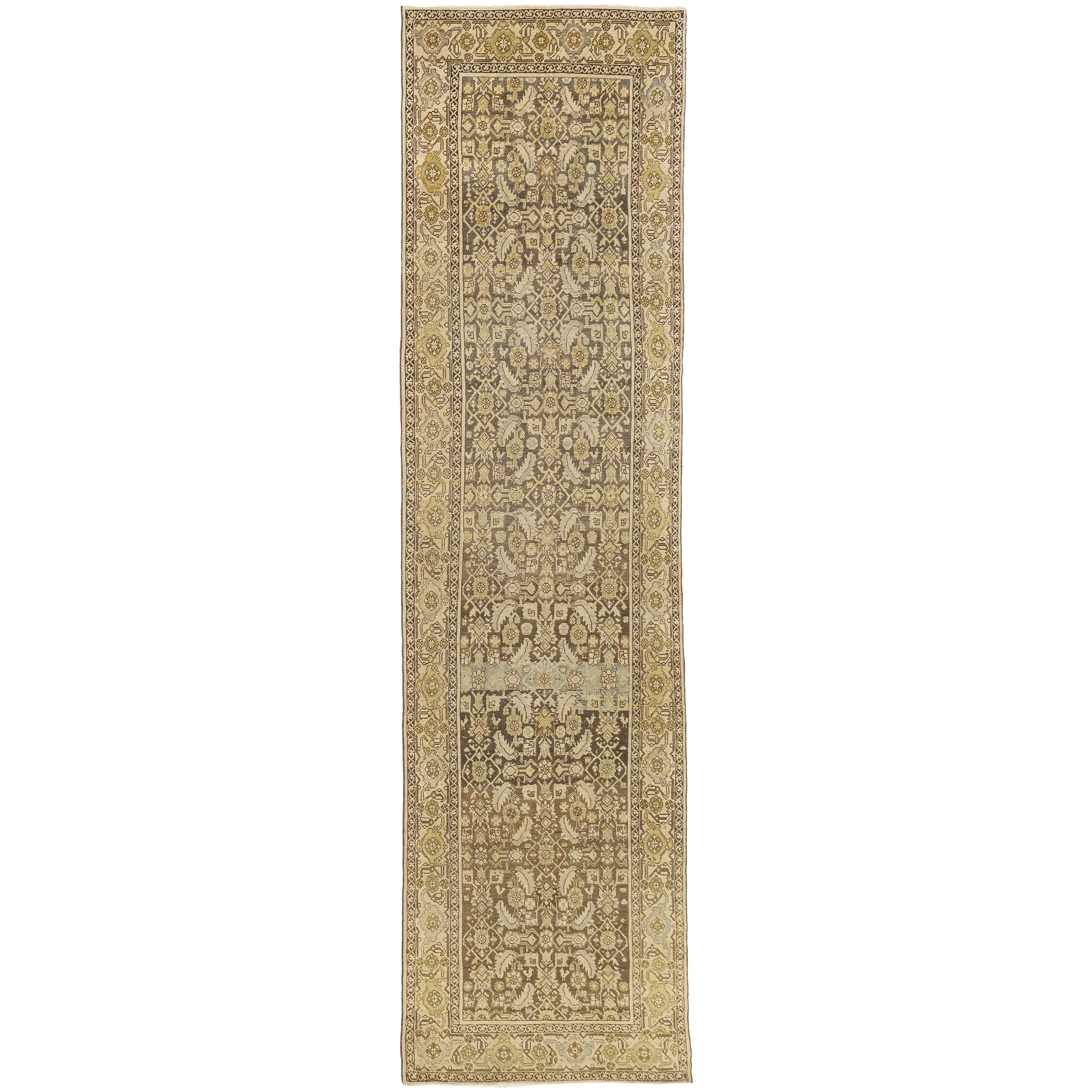 Antique Persian Malayer Runner Rug with Gray and Beige Botanical Details